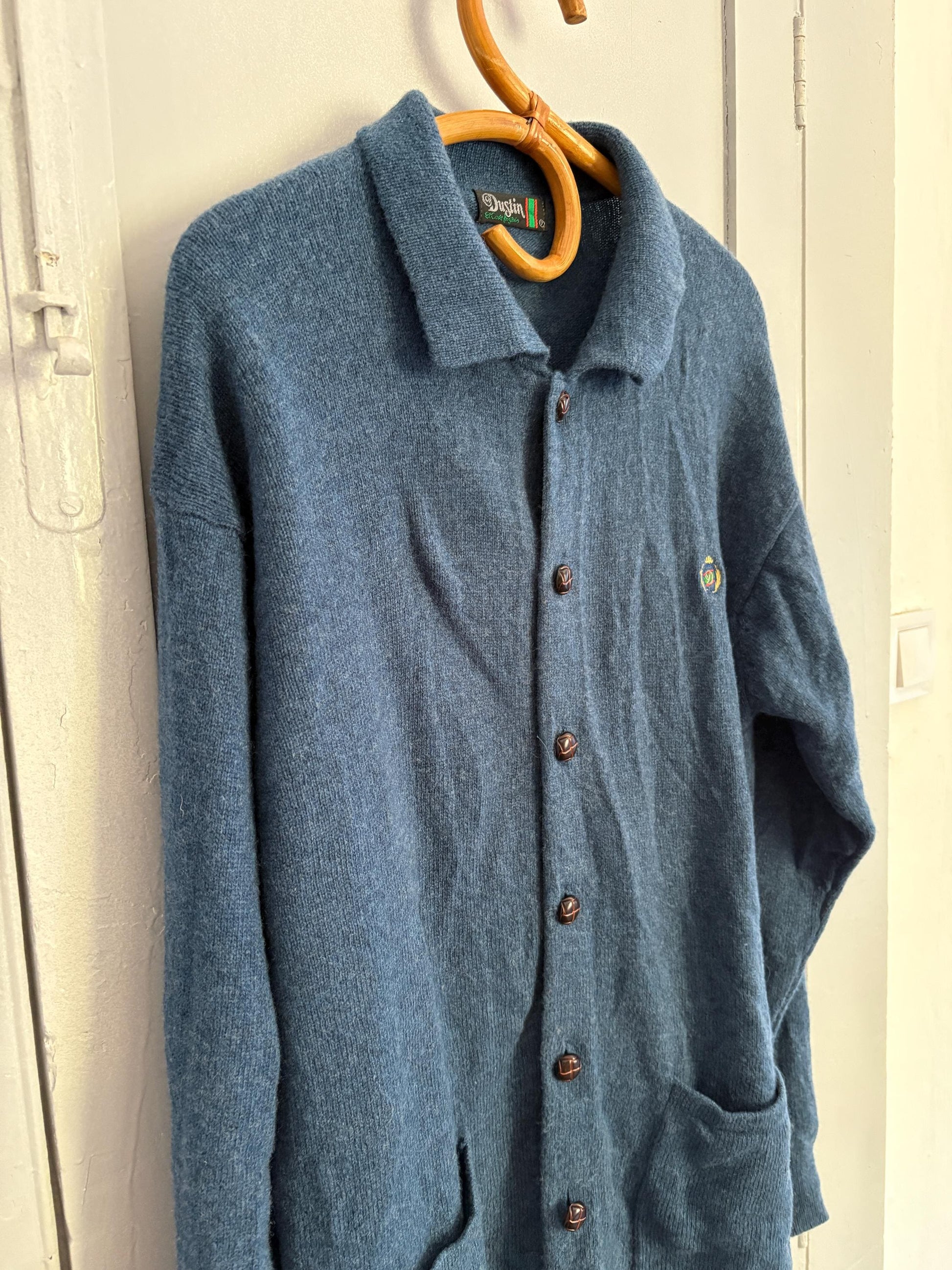 Wool vintage Luxe cardigan - Blue Long sleeved soft Men jumper, 42 - XL