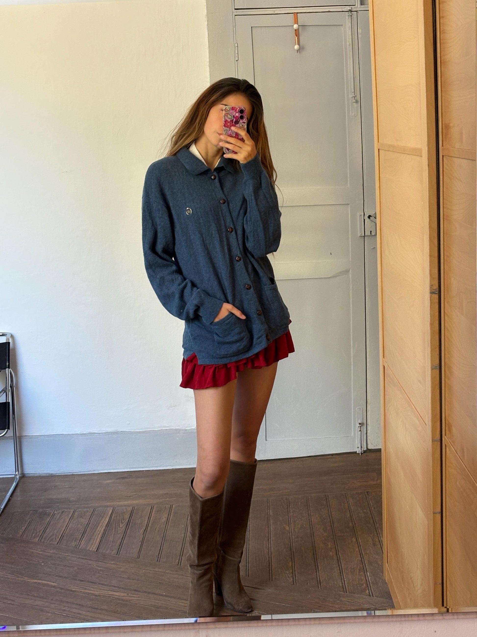 Pure new wool vintage Luxe cardigan - Blue Long sleeved soft Men jumper, Winter wool designer clothing, 42 - XL