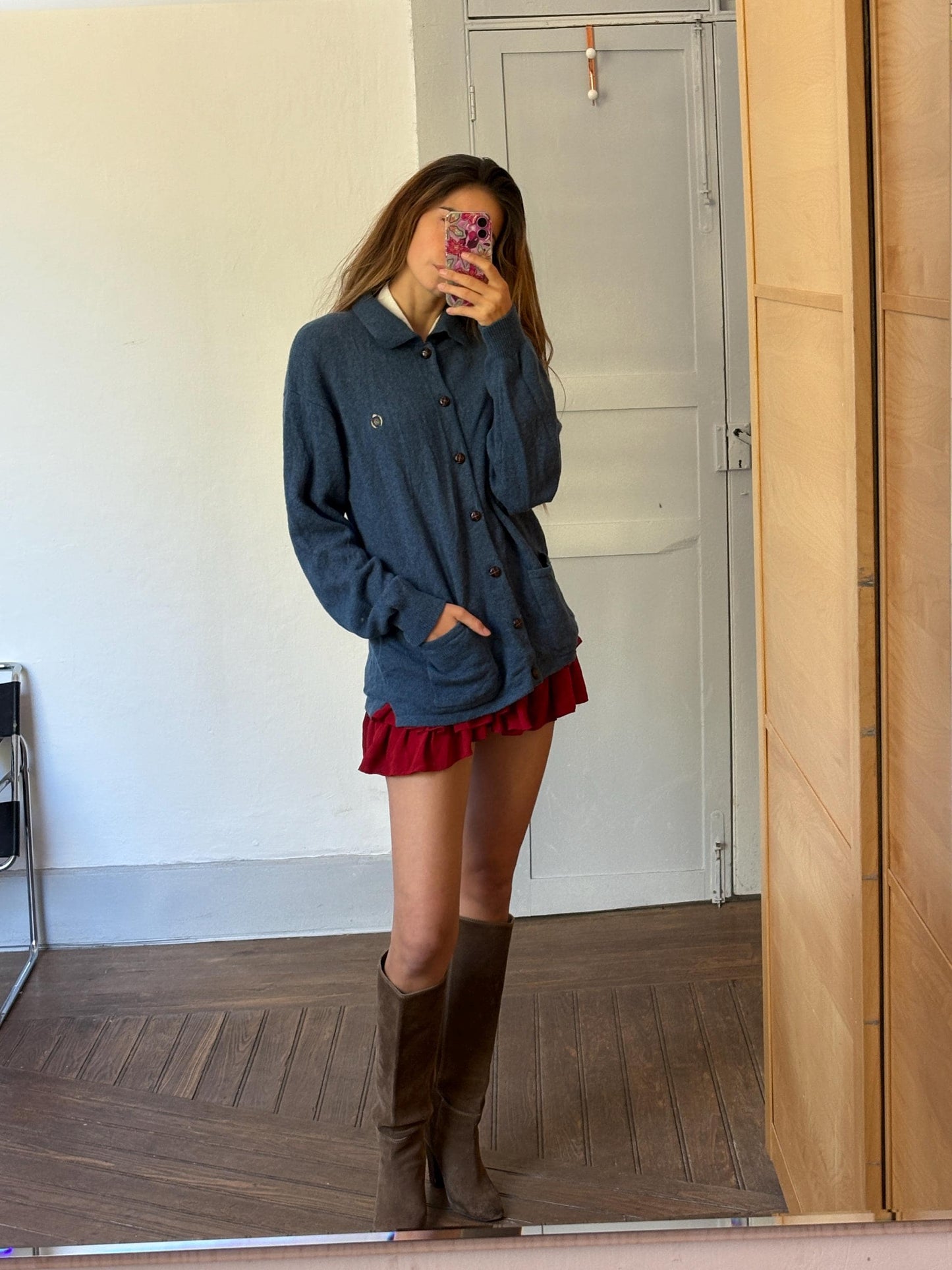 Wool vintage Luxe cardigan - Blue Long sleeved soft Men jumper, 42 - XL