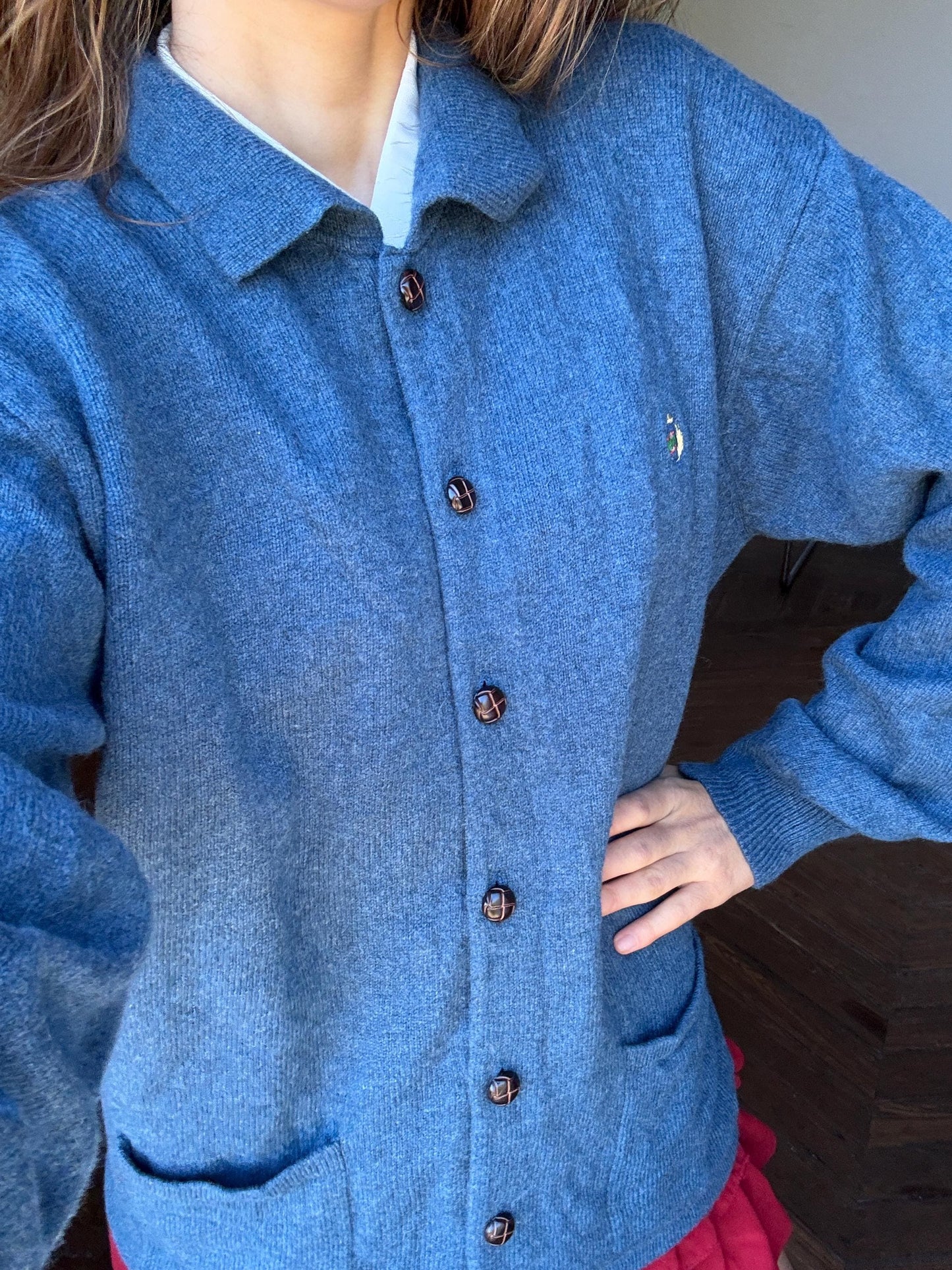 Wool vintage Luxe cardigan - Blue Long sleeved soft Men jumper, 42 - XL