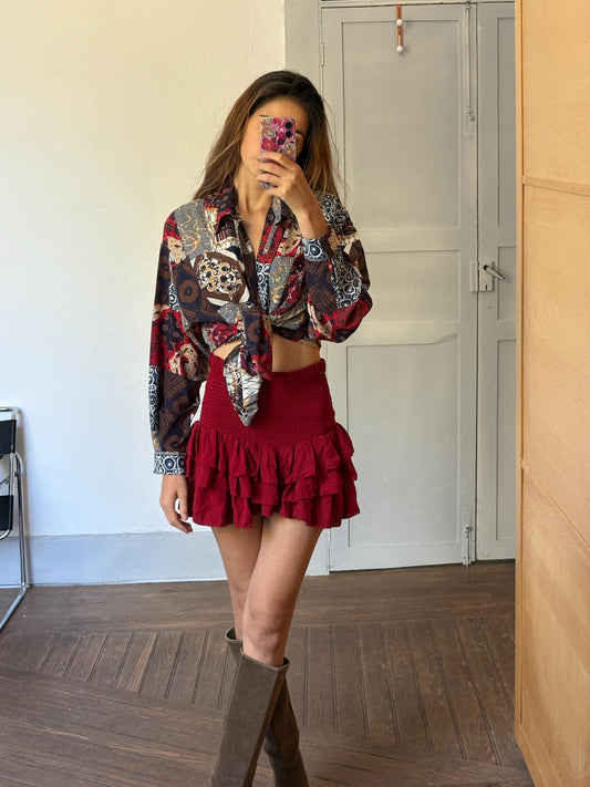 Vintage abstract pattern woman blouse, Colourful Button up retro shirt, 80s vintage clothing