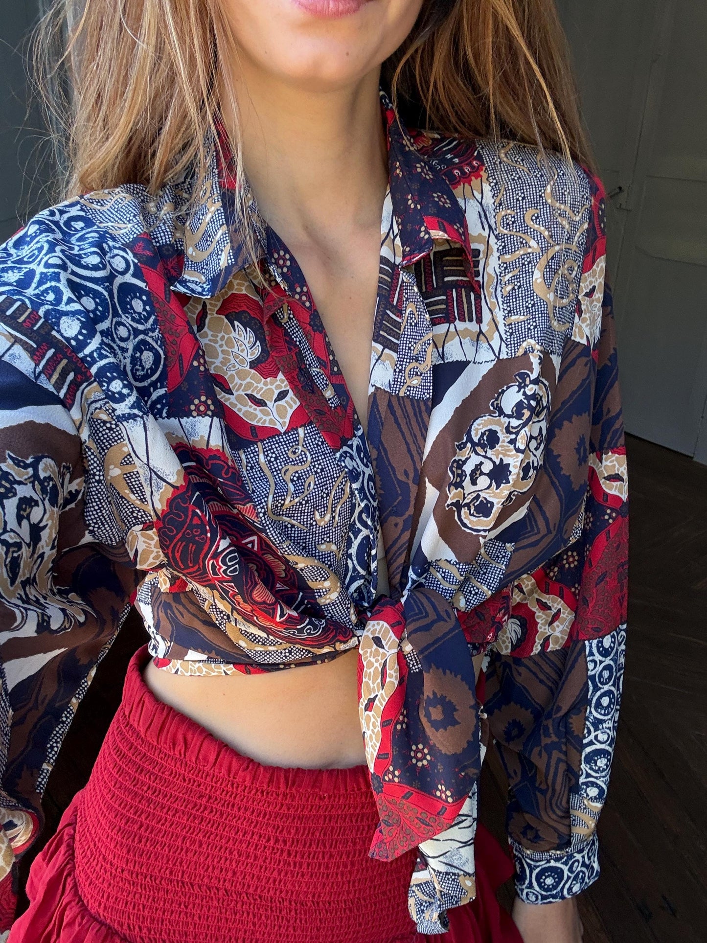 Vintage abstract pattern woman blouse, Colourful Button up retro shirt, 80s vintage clothing