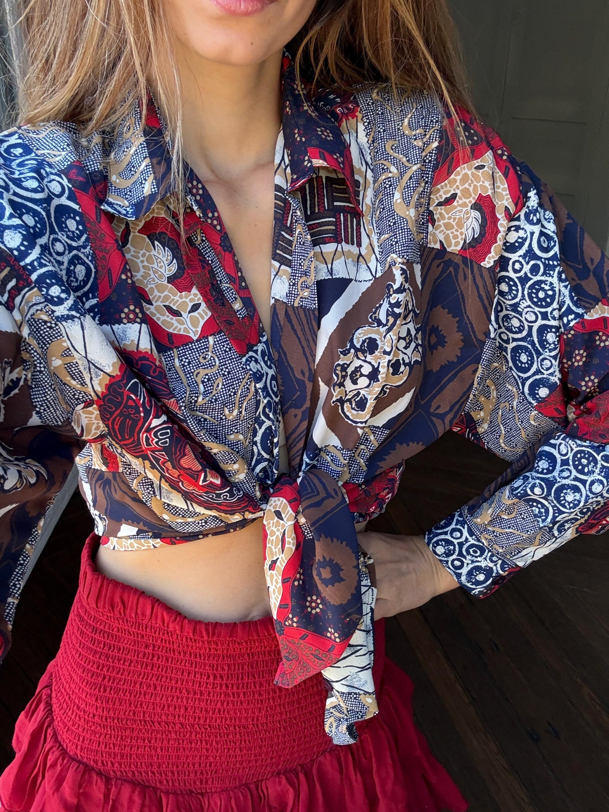 Vintage abstract pattern woman blouse, Colourful Button up retro shirt, 80s vintage clothing