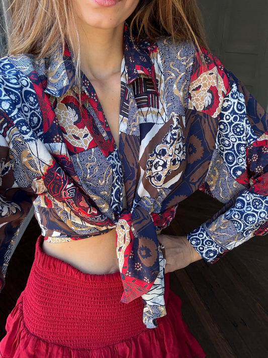 Vintage abstract pattern woman blouse, Colourful Button up retro shirt, 80s vintage clothing