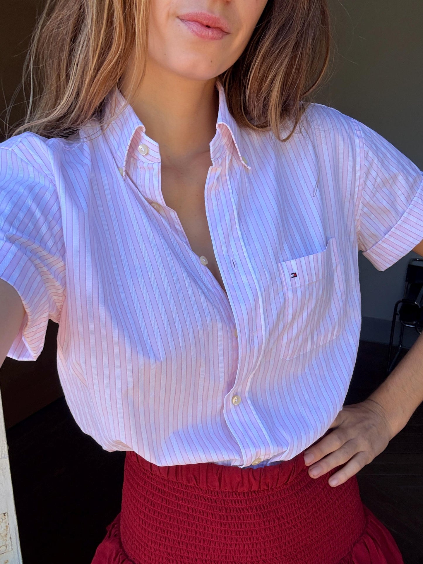 Vintage Tommy Hilfiger tailored Men's Striped Button-Down Shirt - Pink comfortable blouse, Loose Oversized short sleeve Shirt, 39 - 15 1/2