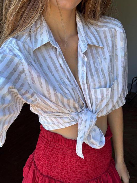 Vintage striped floral Button-Down Shirt - Oversized Summer Shirt