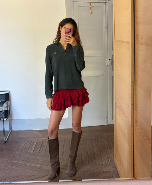 Vintage dark green Lacoste polo shirt, Striped designer sweatshirt, Branded cotton dark green long sleeve jumper, Regular fit, M