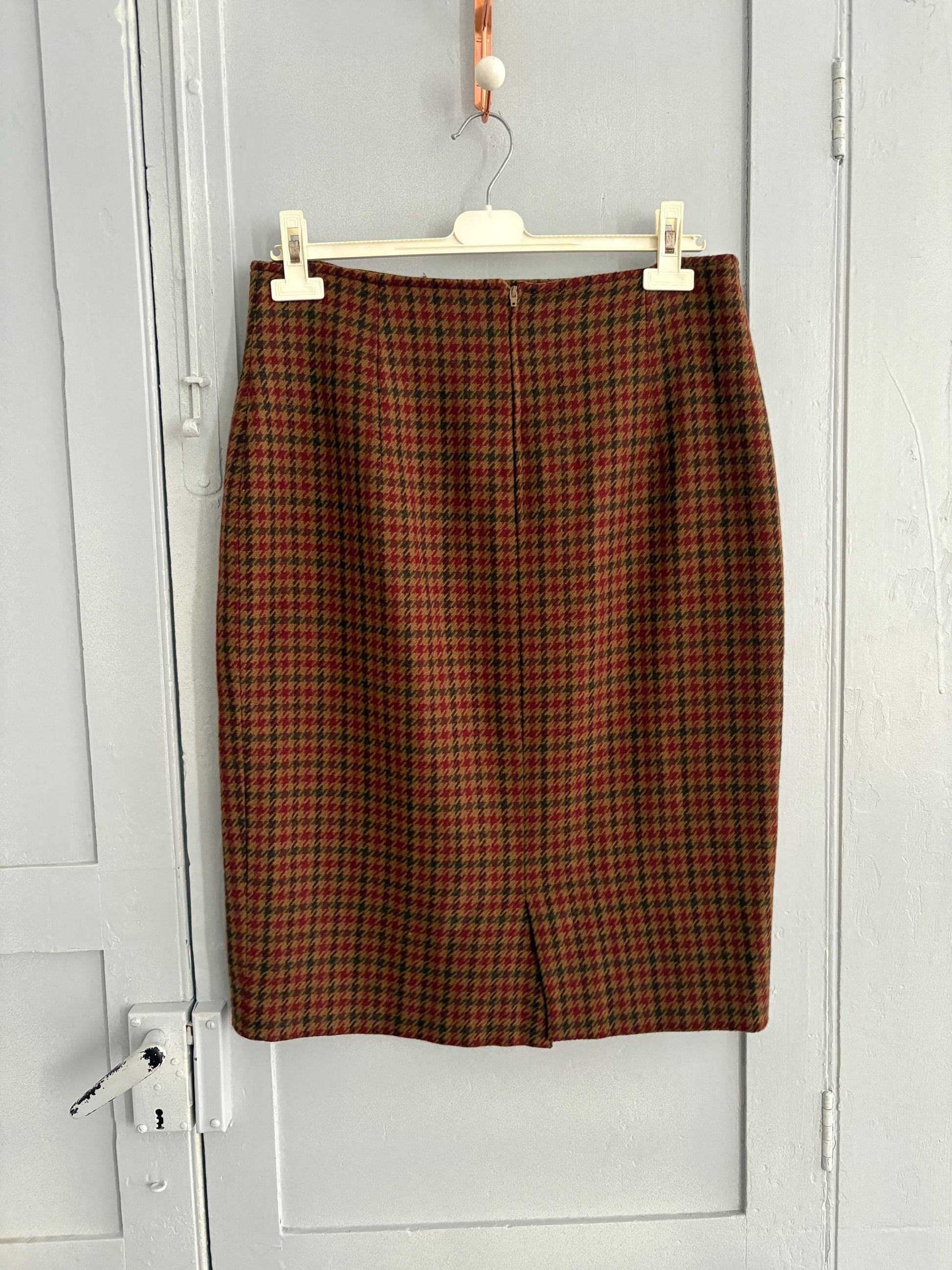 Vintage brown houndstooth wool midi skirt, Retro plaid high waist pencil skirt,Vintage tartan skirt, Dark academia aesthetic