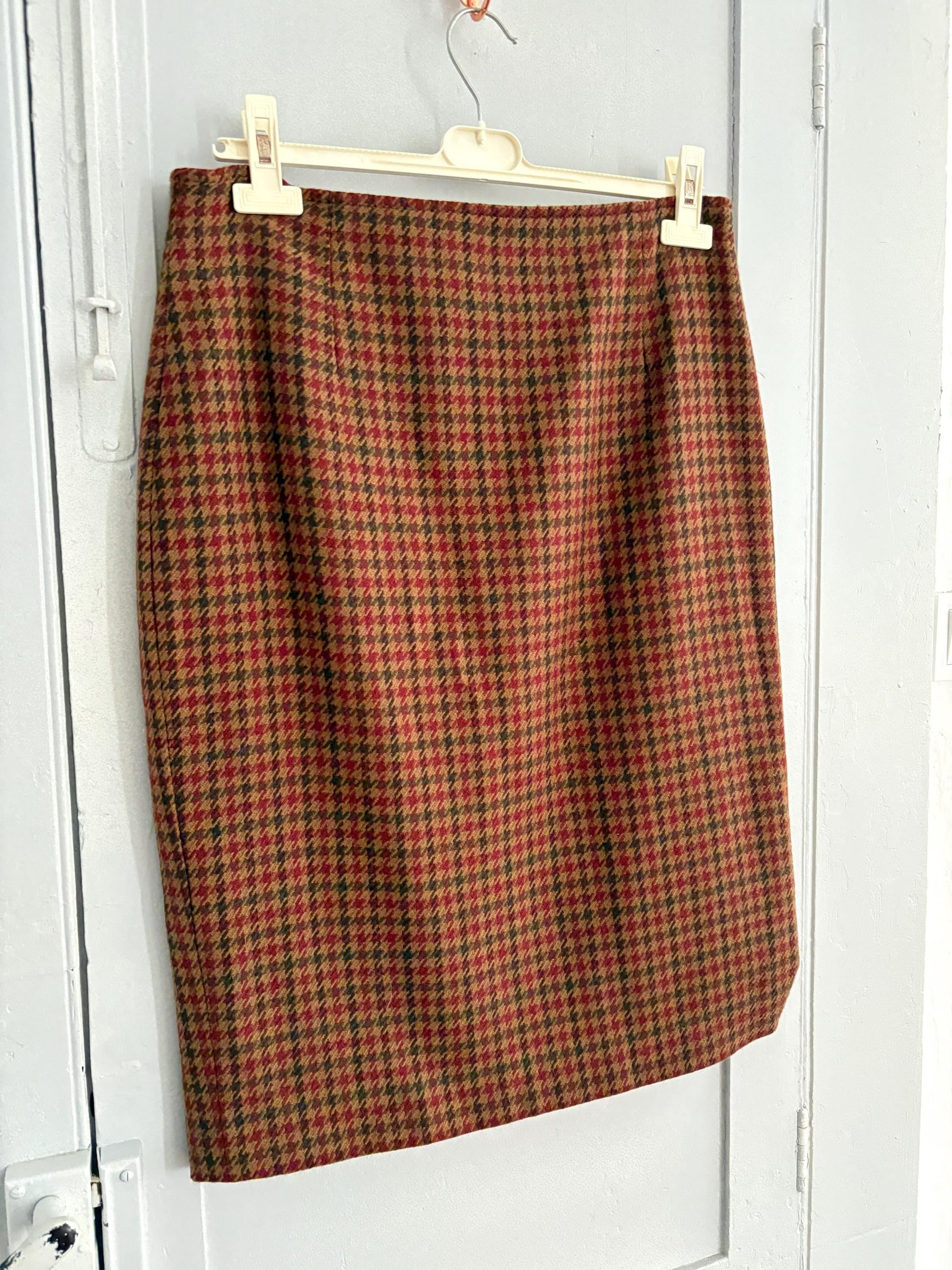 Vintage brown houndstooth wool midi skirt, Retro plaid high waist pencil skirt,Vintage tartan skirt, Dark academia aesthetic