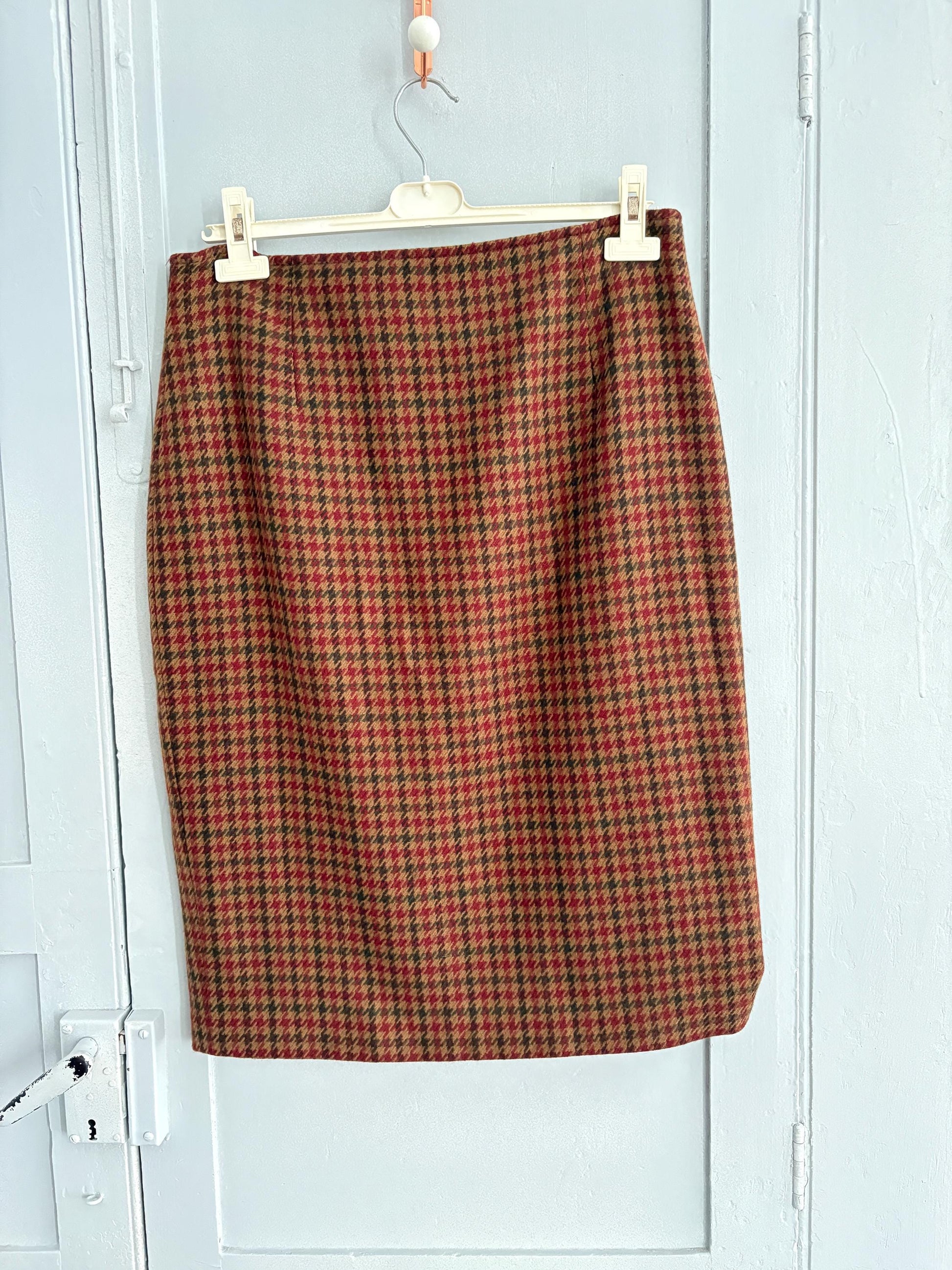 Vintage brown houndstooth wool midi skirt, Retro plaid high waist pencil skirt,Vintage tartan skirt, Dark academia aesthetic