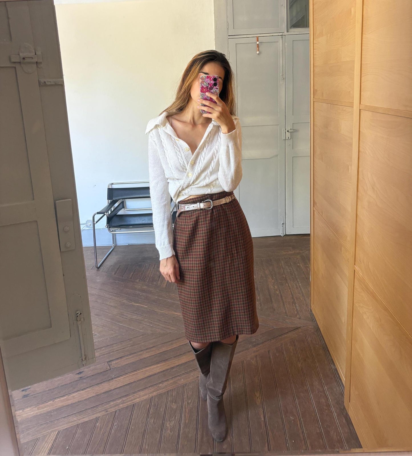 Vintage brown houndstooth wool midi skirt, Retro plaid high waist pencil skirt,Vintage tartan skirt, Dark academia aesthetic