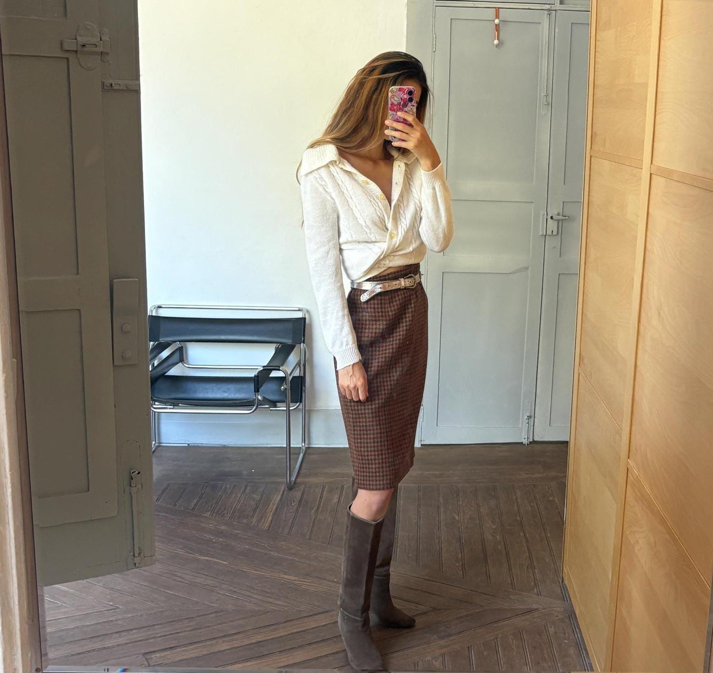 Vintage brown houndstooth wool midi skirt, Retro plaid high waist pencil skirt,Vintage tartan skirt, Dark academia aesthetic