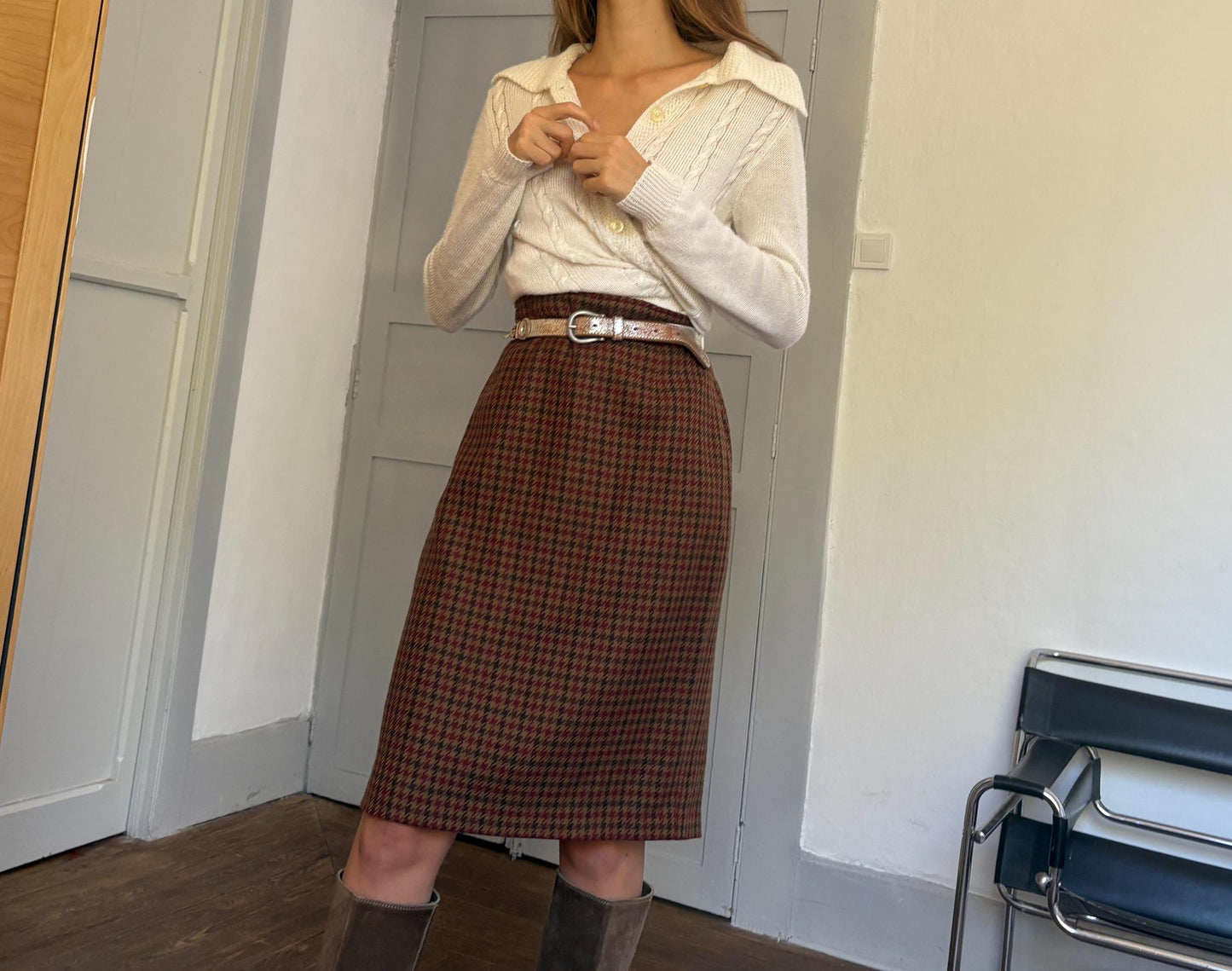 Vintage brown houndstooth wool midi skirt, Retro plaid high waist pencil skirt,Vintage tartan skirt, Dark academia aesthetic