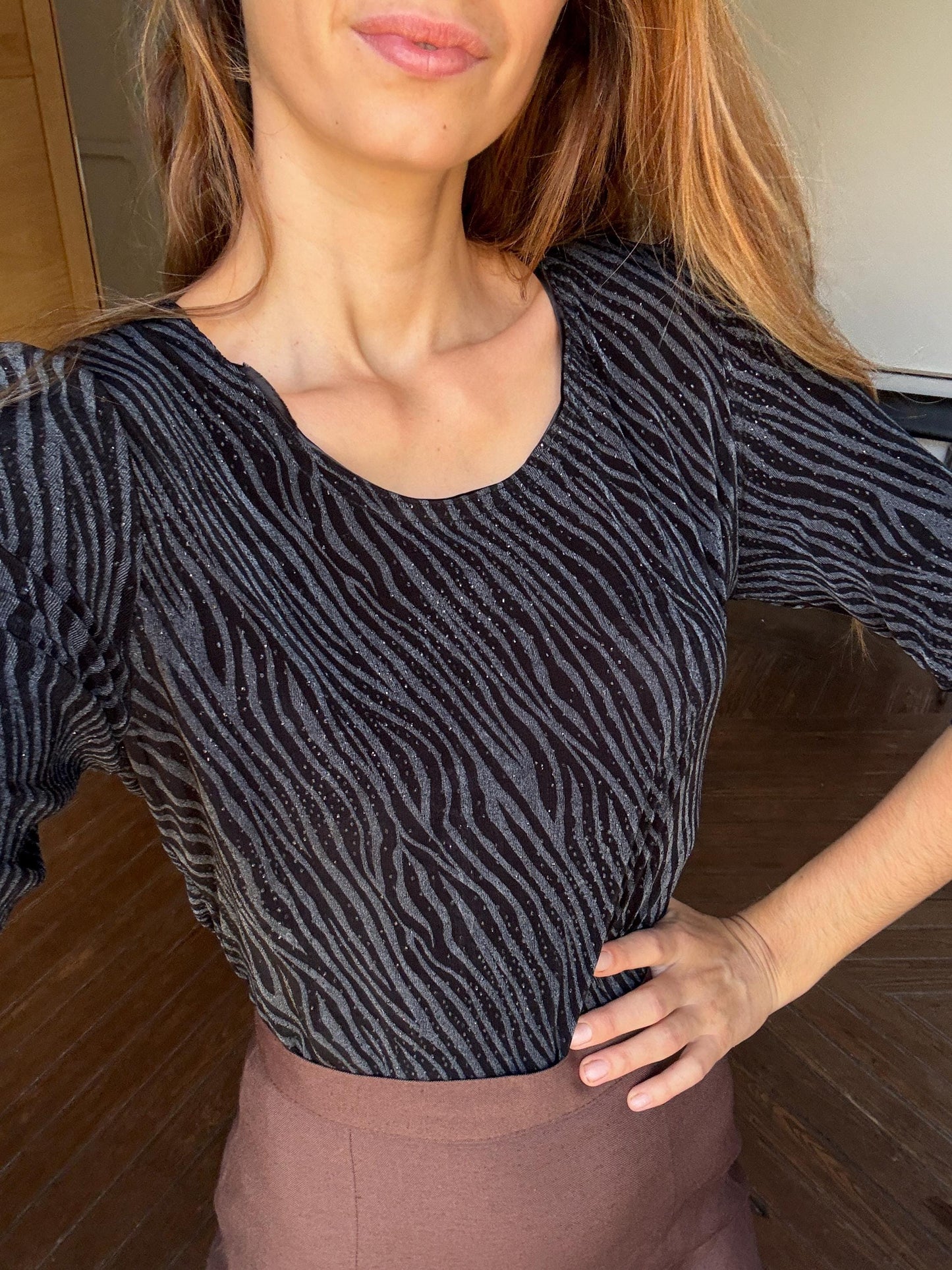 Vintage black zebra embellished women's shirt, 80s retro printed shirt, Black glitter top