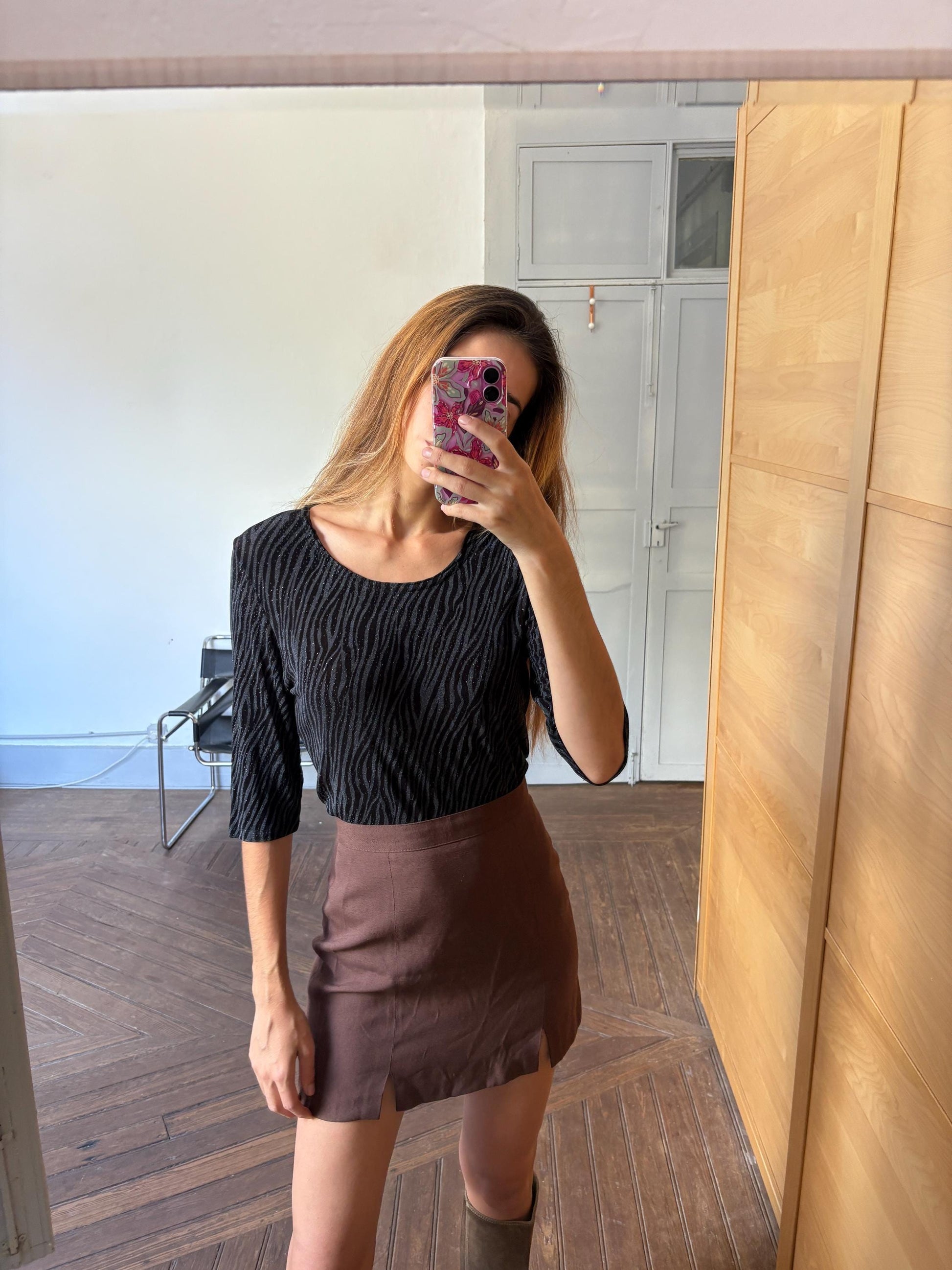 Vintage black zebra embellished women's shirt, 80s retro printed shirt, Black glitter top