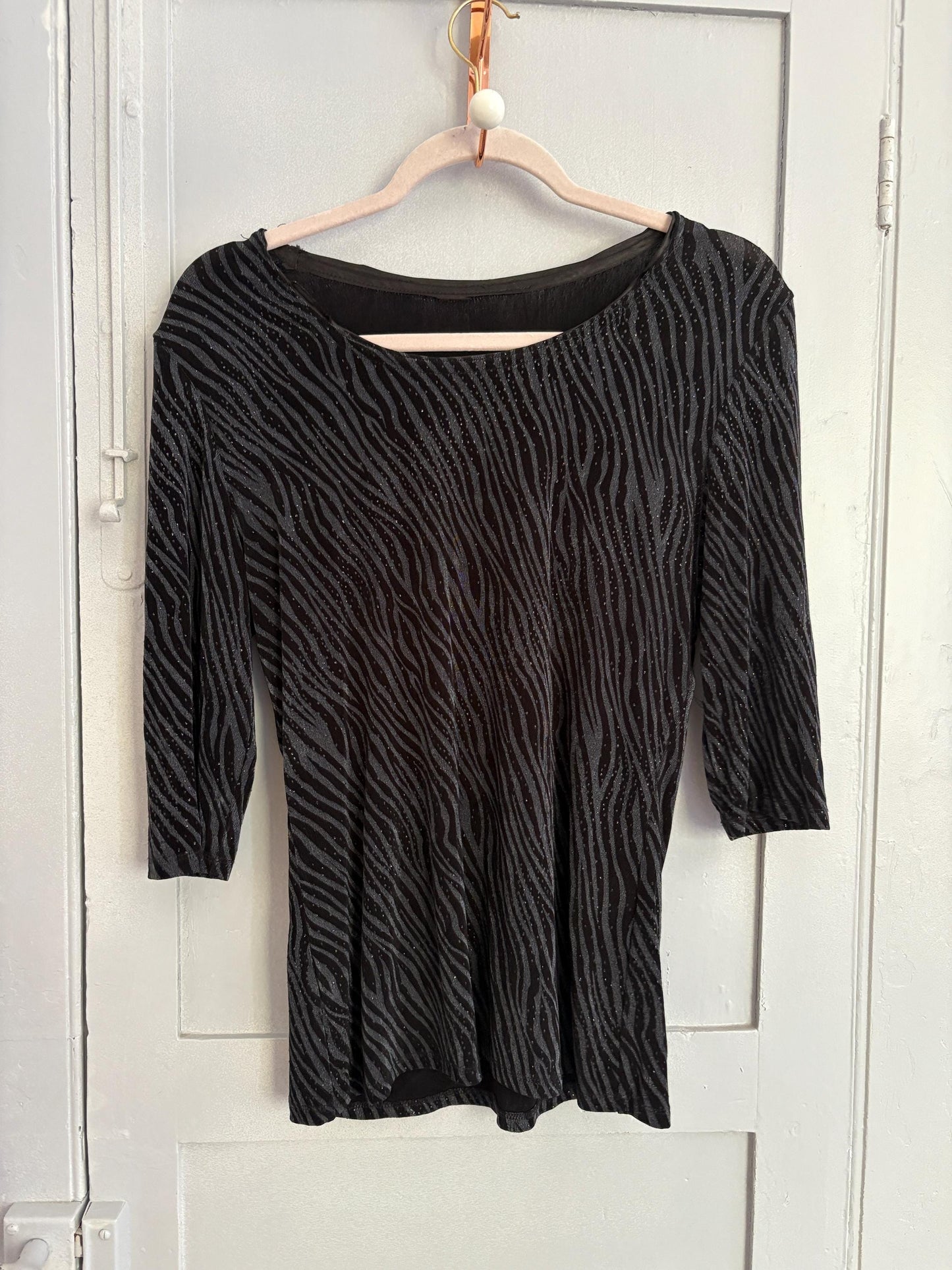 Vintage black zebra embellished women's shirt, 80s retro printed shirt, Black glitter top