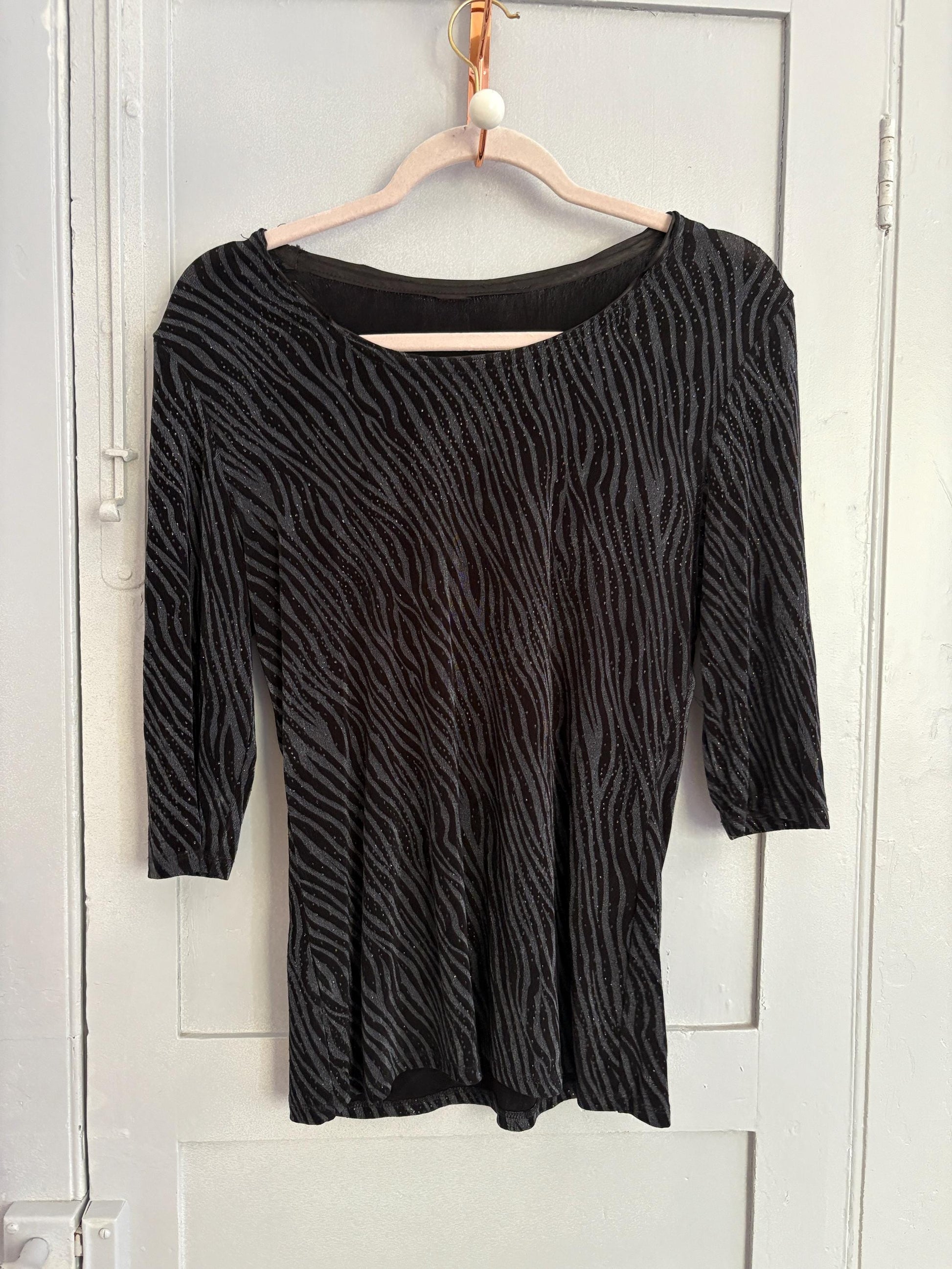 Vintage black zebra embellished women's shirt, 80s retro printed shirt