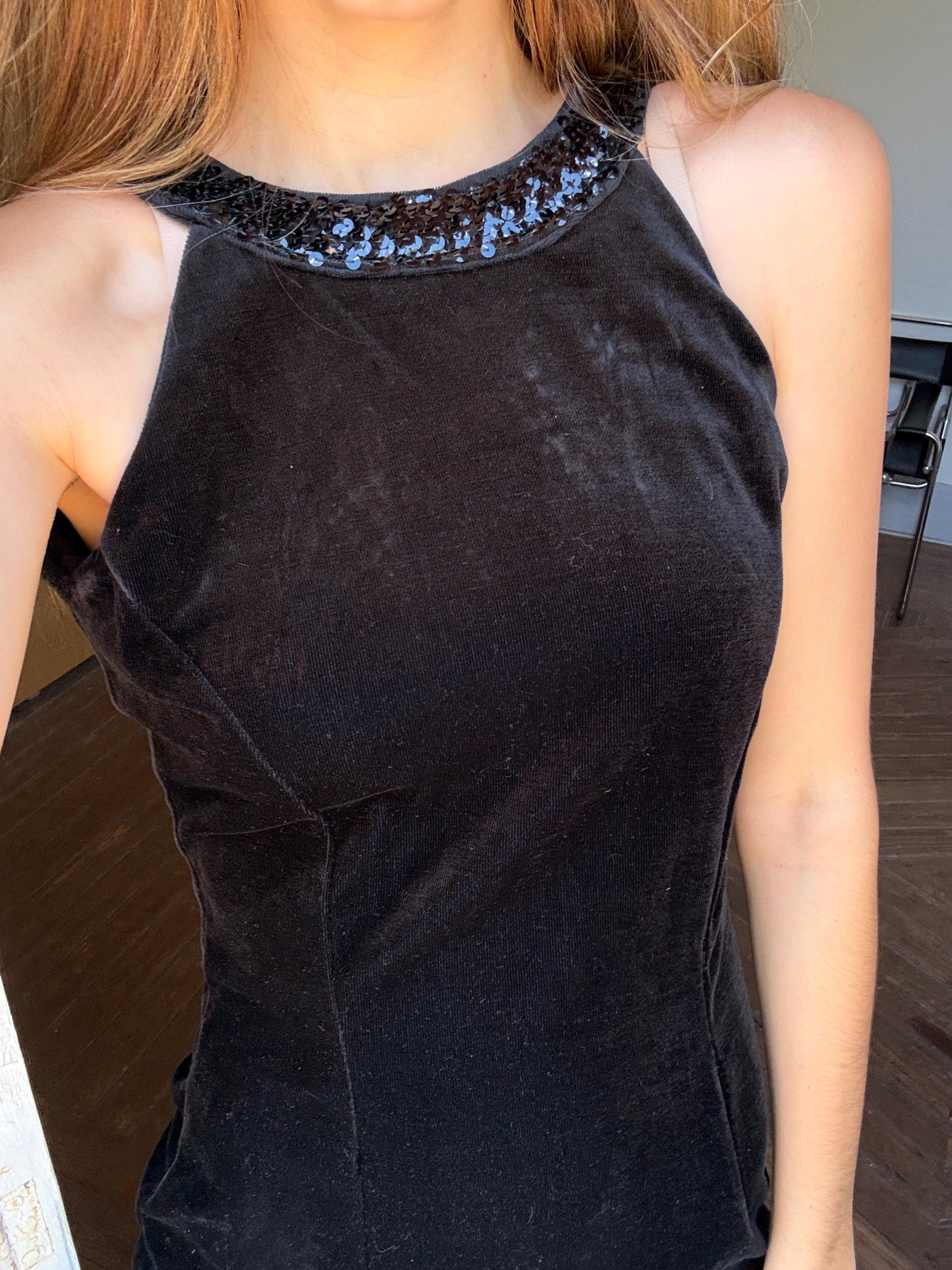 Vintage black velvet dress made in England, Elegant velour festive sequin embroidered dress, Basic hourglass dress,