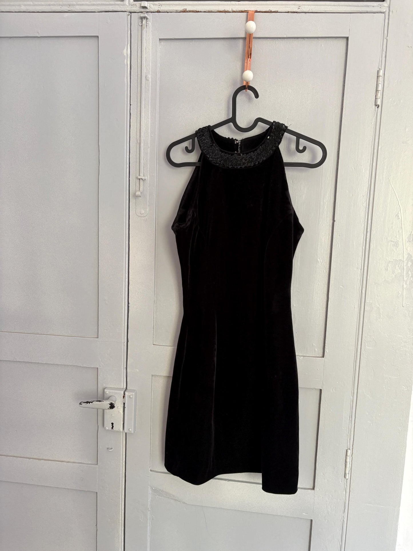 Vintage black velvet dress made in England, Elegant velour festive sequin embroidered dress, Basic hourglass dress,