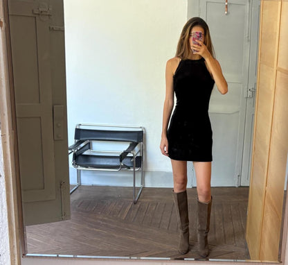 Vintage black velvet dress , Basic hourglass dress,