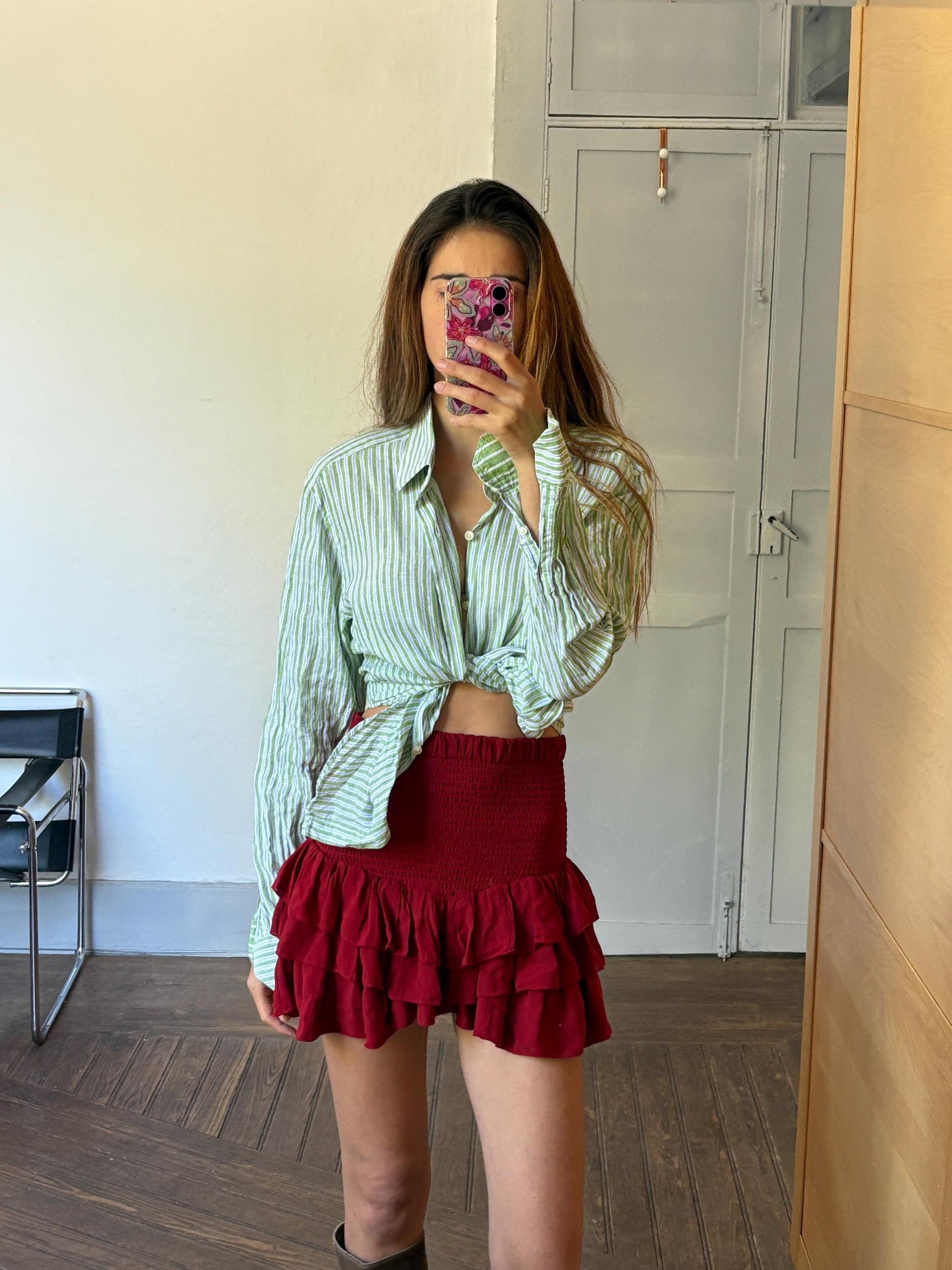 green and white striped pure linen button down shirt.