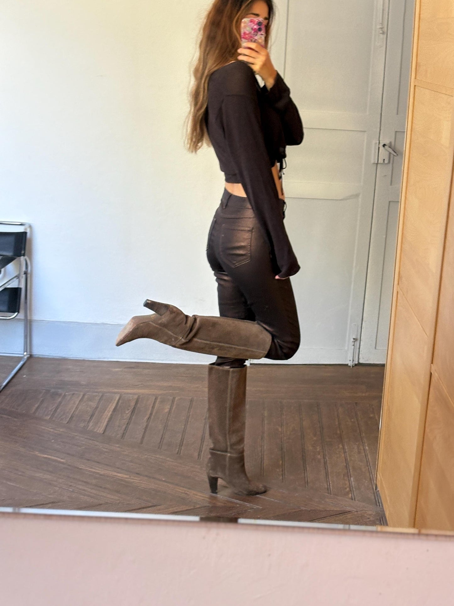 Metallic black skinny pants, Vintage Vila garment coated pants, Festive glitter trousers, M