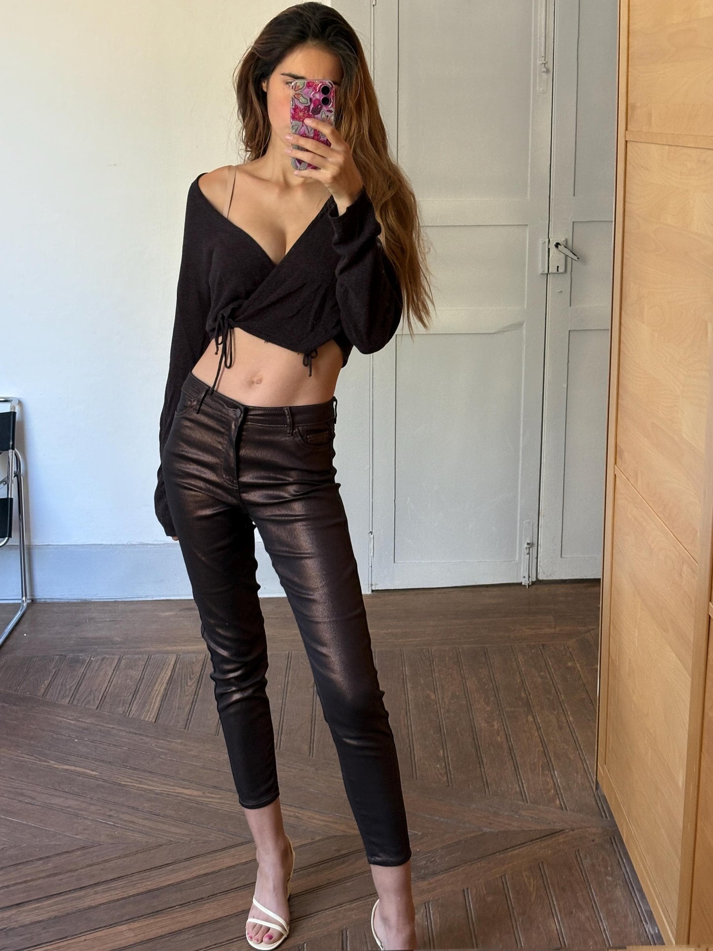 Metallic black skinny pants, Vintage Vila garment coated pants, Festive glitter trousers, M
