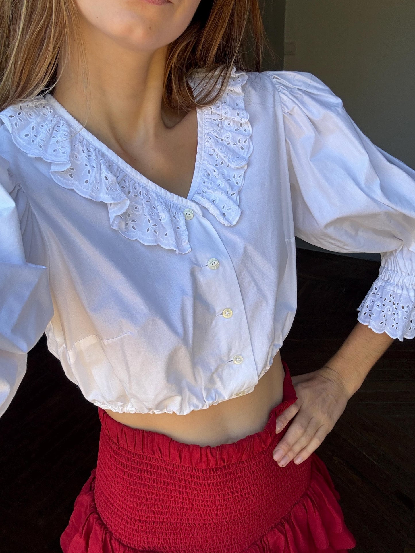 Vintage cotton cropped puff sleeve blouse, Eyelet fabric collared antique french shirt, White romantic crop top, M