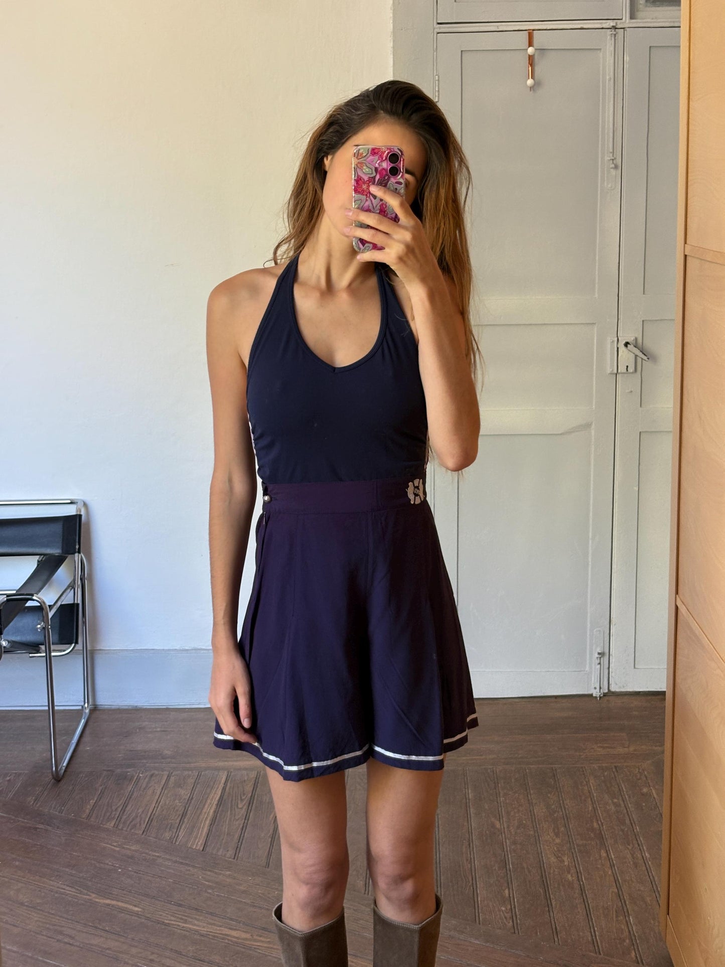 Vintage navy blue halter top, 90s tank, long bikini shirt