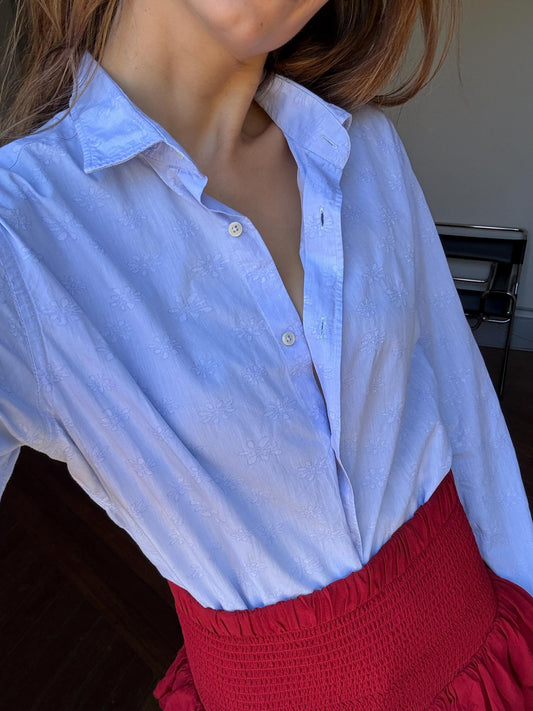 Vintage baby blue Massimo Dutti blouse, Crisp floral print Button-Up shirt, Delicate floral print, Classic Italian Design clothing