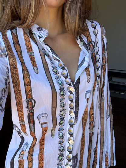 Roser Muntane Vintage Belt Print Dress with Mother of Pearl Buttons