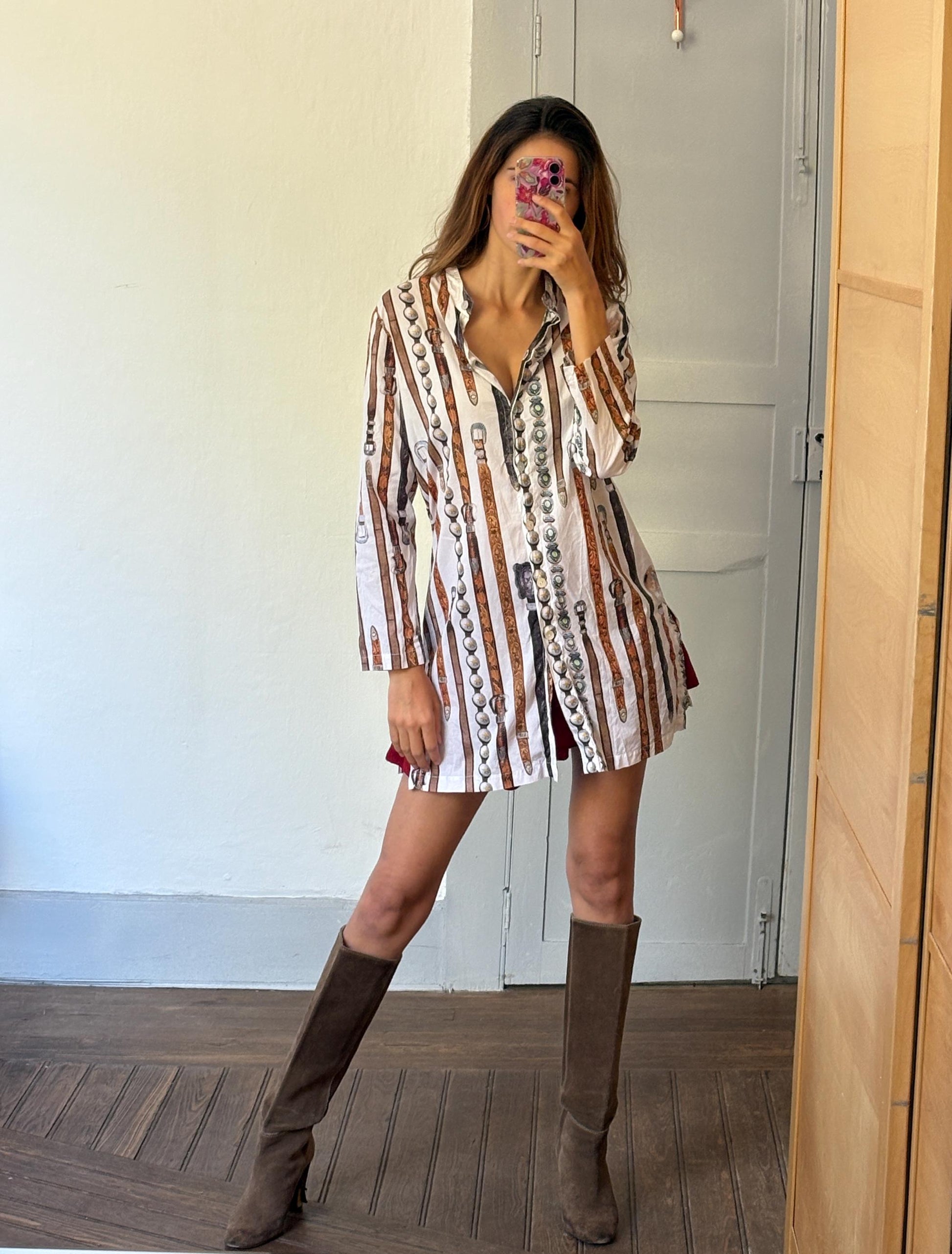 Vintage button down dress with mother of pearl buttons, Belt illustrations blouse dress, Long sleeve lightweight summer dress, S