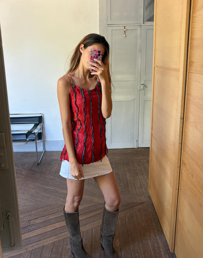 Red Vintage Camisole With Knotted Straps — fabric close-up