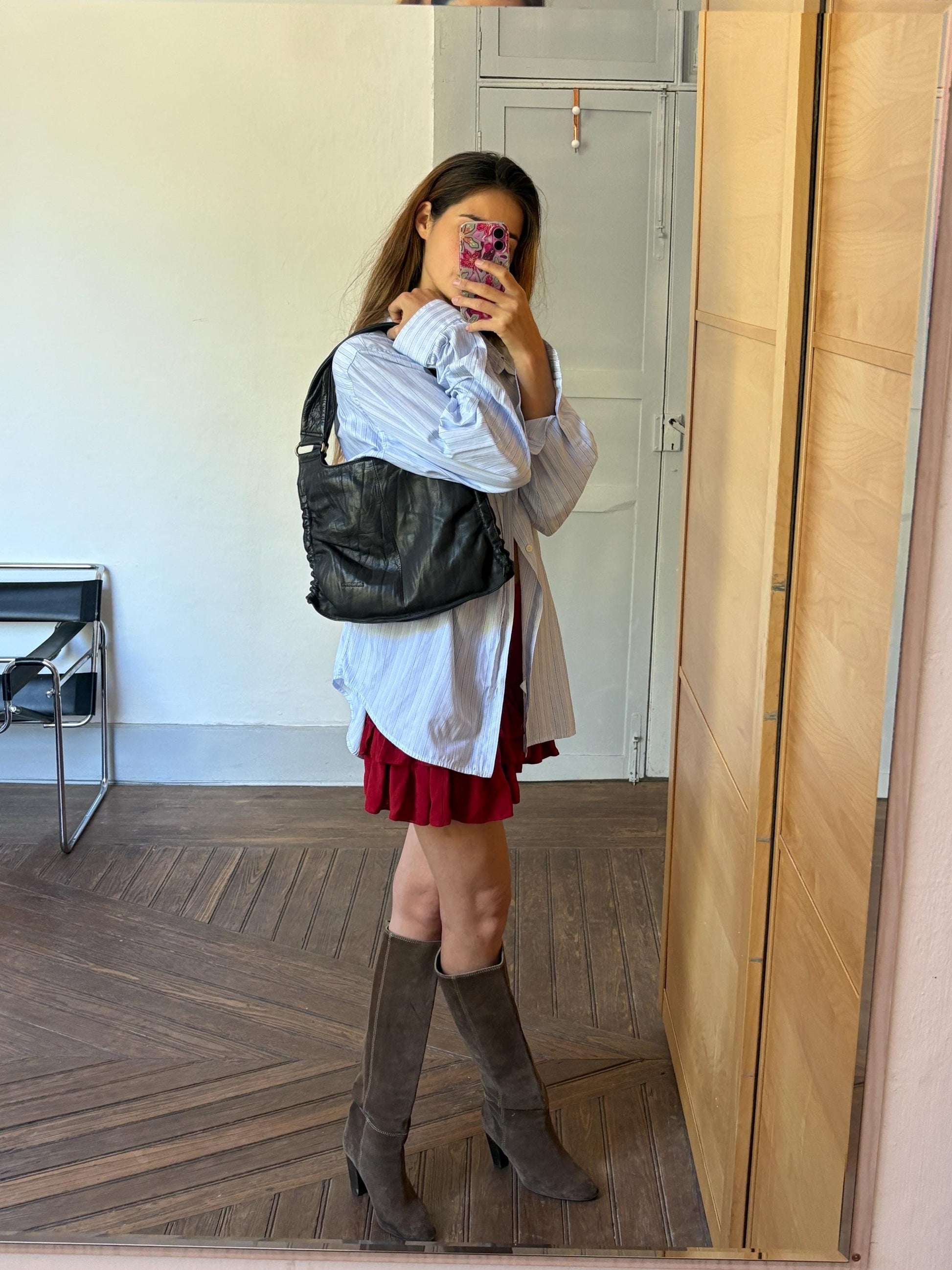 Vintage black leather shoulder bag, Cool Berlin style fashion black woman bag, Aesthetic vintage baguette bag, Scandic fashion