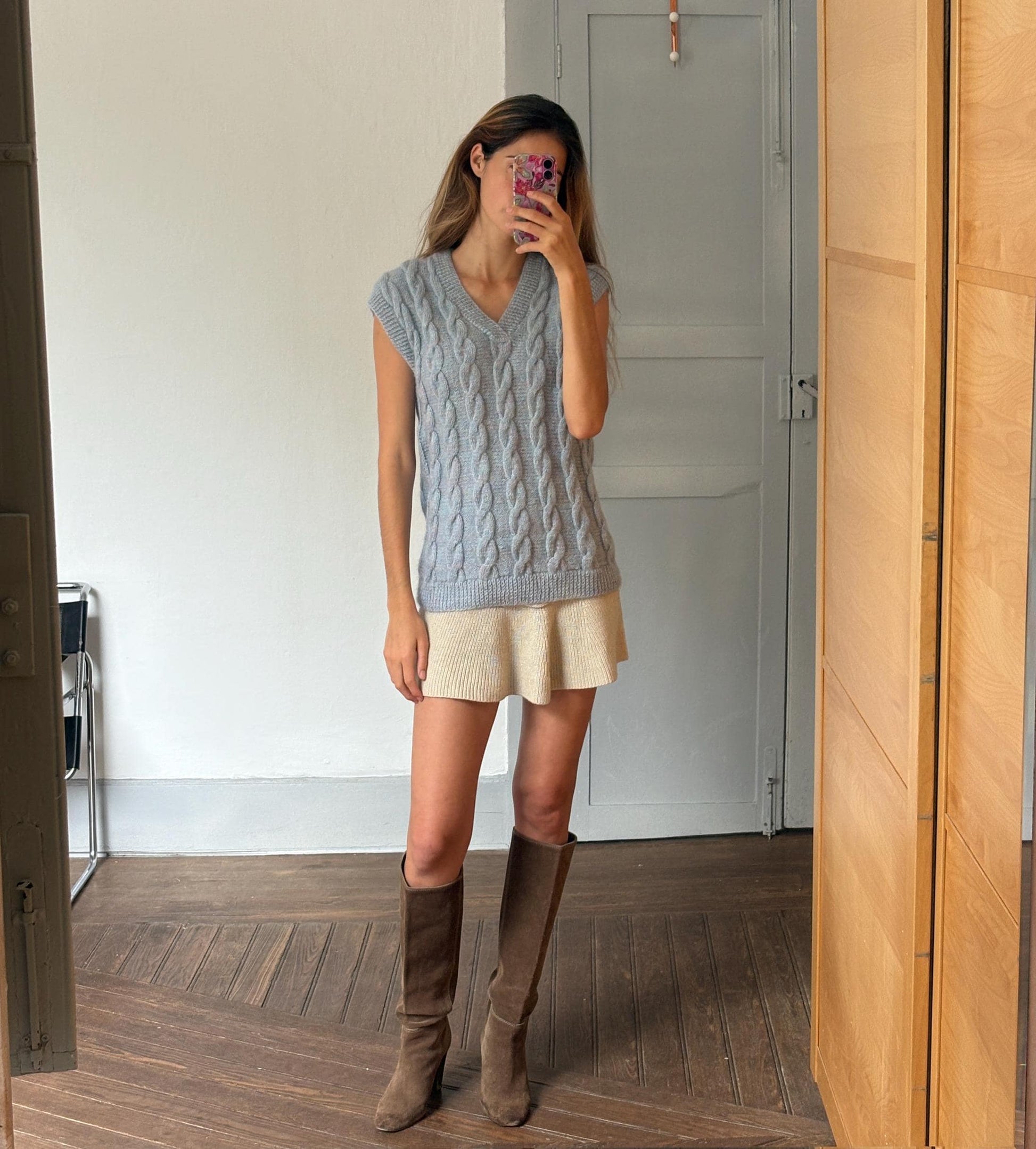 Vintage blue hand knit waistcoat, Light academia winter knitwear