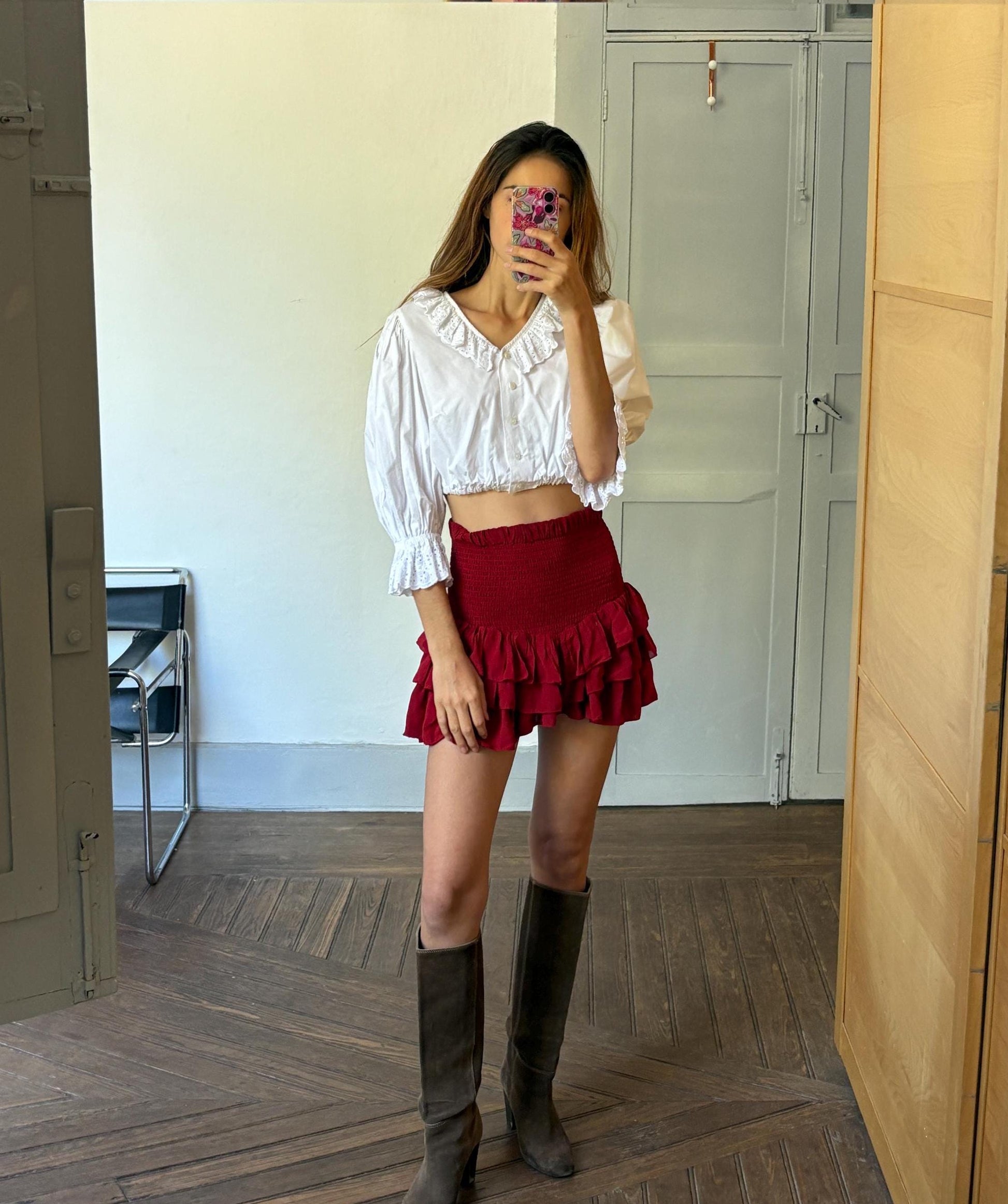 Vintage cotton cropped puff sleeve blouse, Eyelet fabric collared antique french shirt, White romantic crop top, M