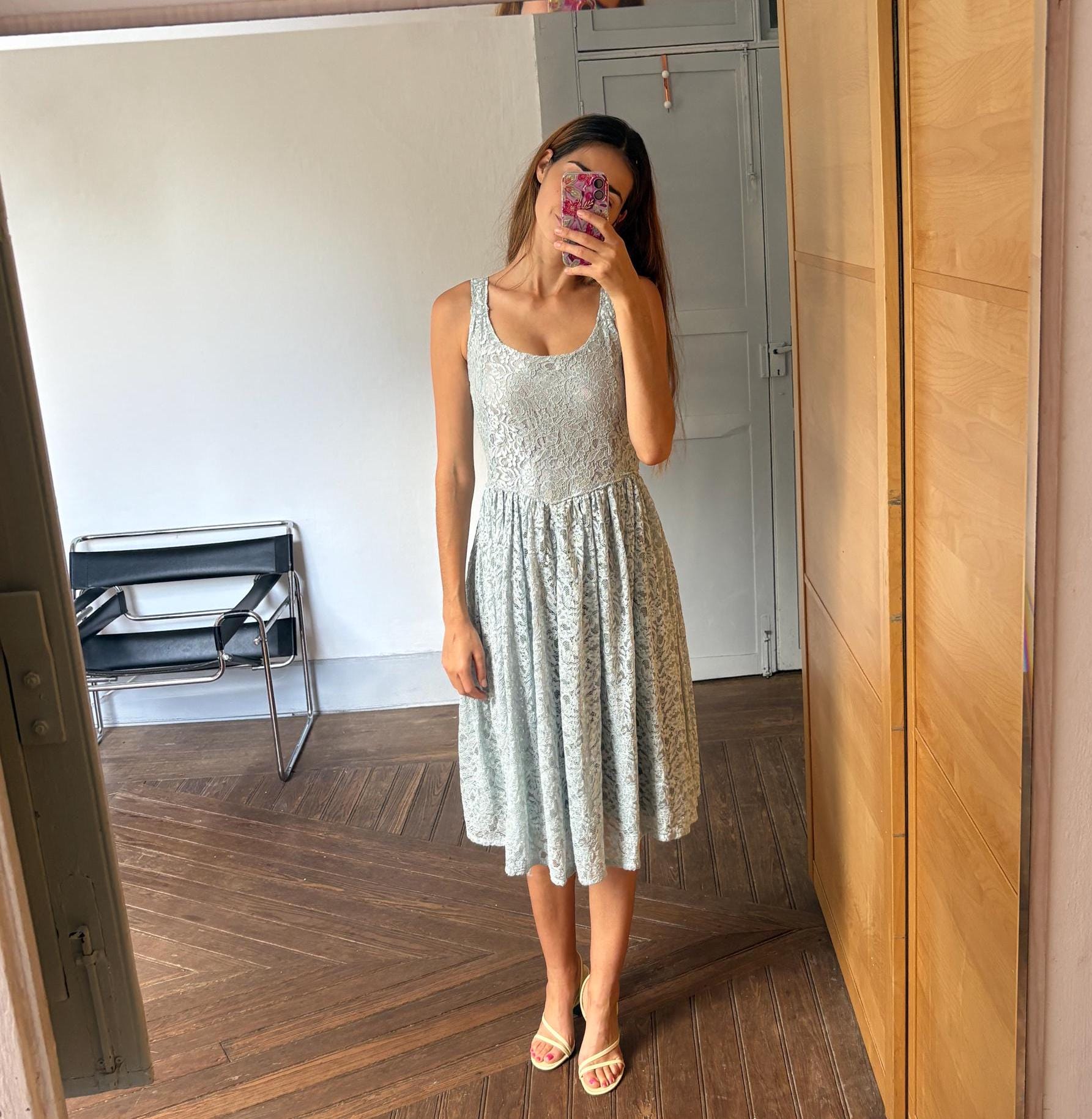 Vintage Handmade pastel blue lace princess dress, Elegant wedding guest outfit