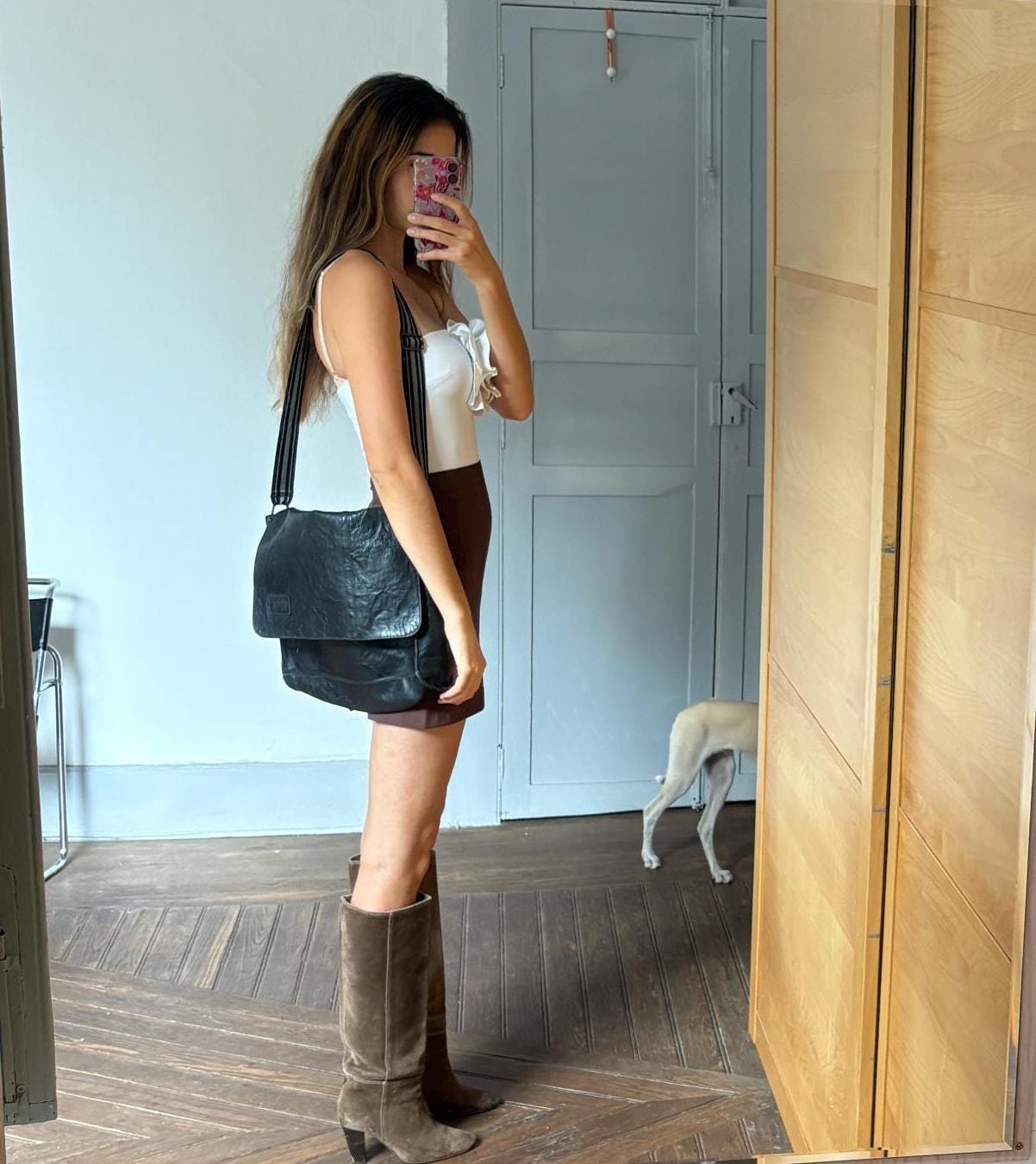 Vintage black leather shoulder bag, Minimalist 90s Long strap university bag, Berlin style basic aesthetic, Soft core menswear