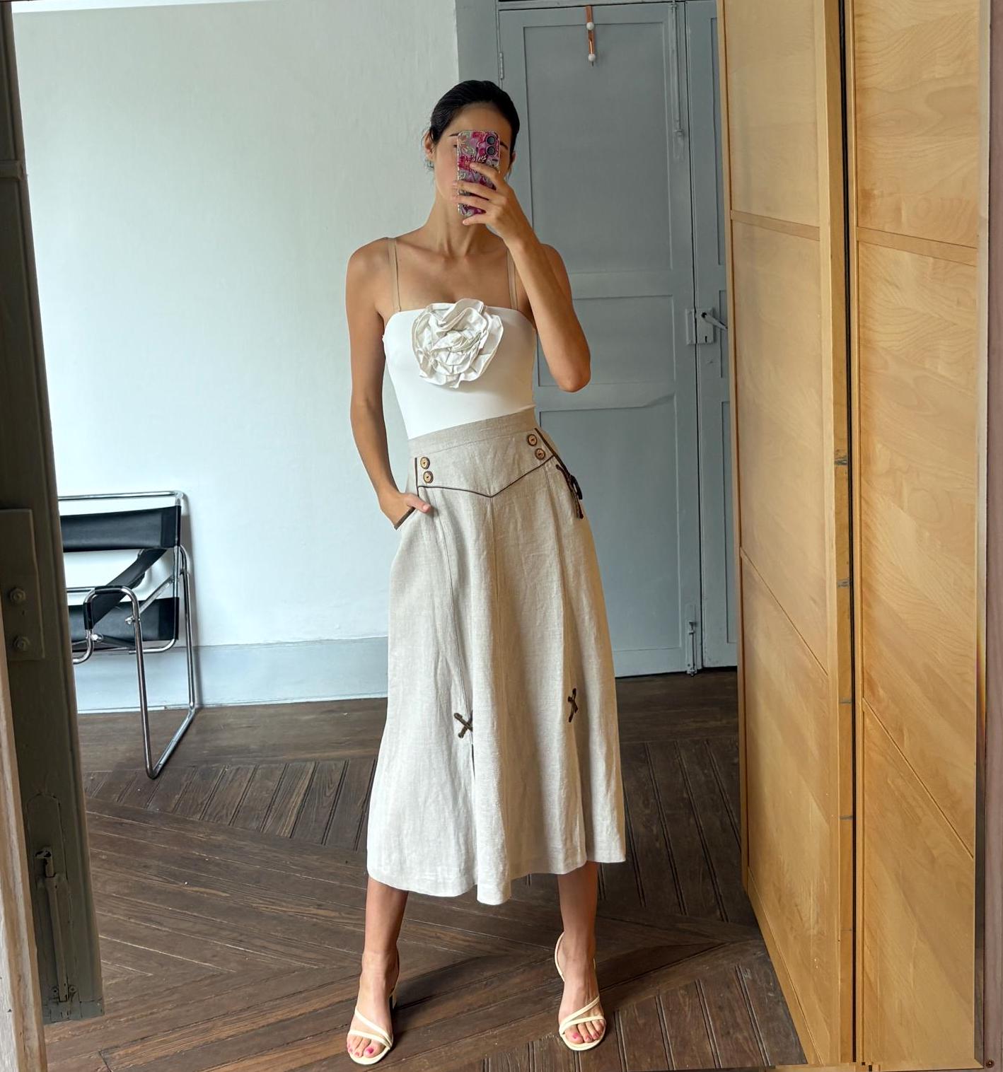 Vintage 100 % linen beige long skirt, Landhaus look high Waist skirt, Cottage core quality vintage skirt, German folklore clothing