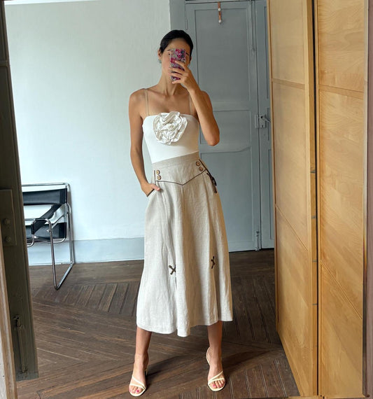 Vintage 100 % linen beige long skirt, Landhaus look high Waist skirt, Cottage core quality vintage skirt, German folklore clothing