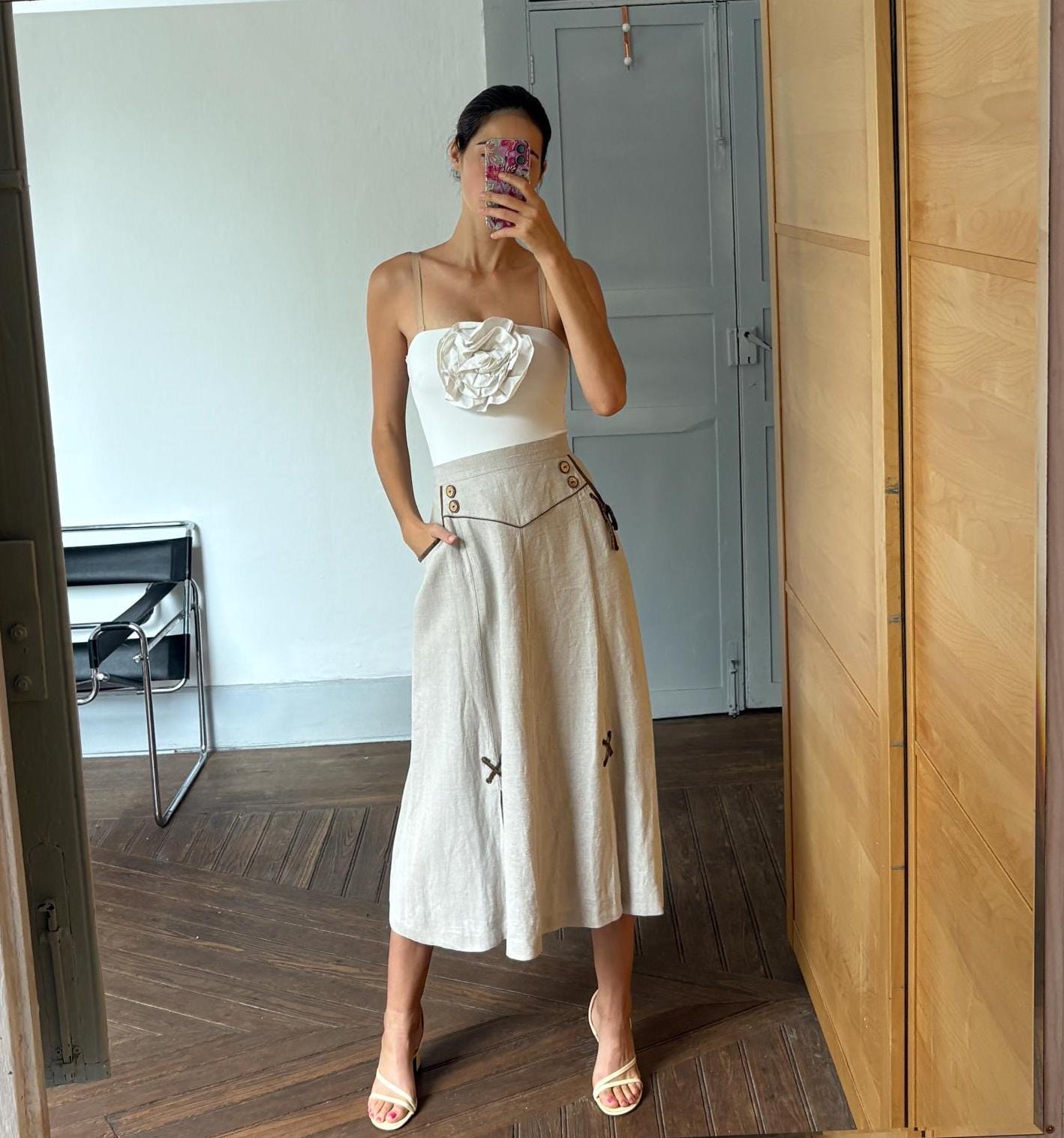 Vintage 100 % linen beige long skirt, Landhaus look high Waist skirt, Cottage core quality vintage skirt, German folklore clothing