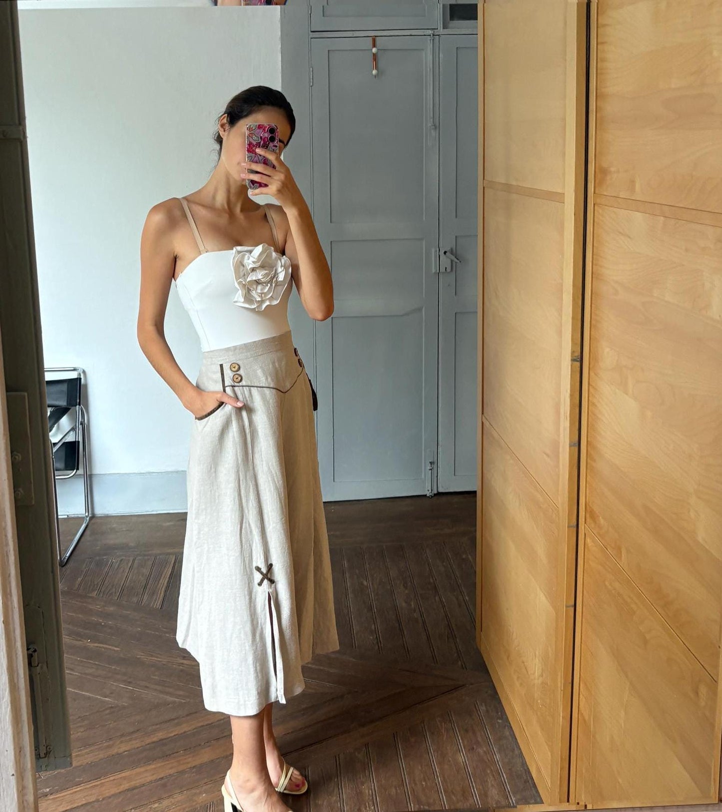 Vintage 100 % linen beige long skirt, Landhaus look high Waist skirt, Cottage core quality vintage skirt, German folklore clothing