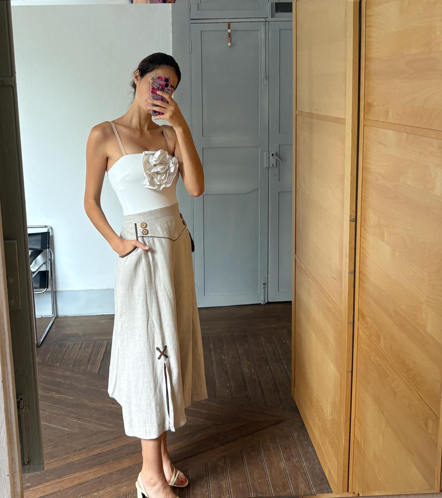 Vintage 100 % linen beige long skirt, Landhaus look high Waist skirt, Cottage core quality vintage skirt, German folklore clothing