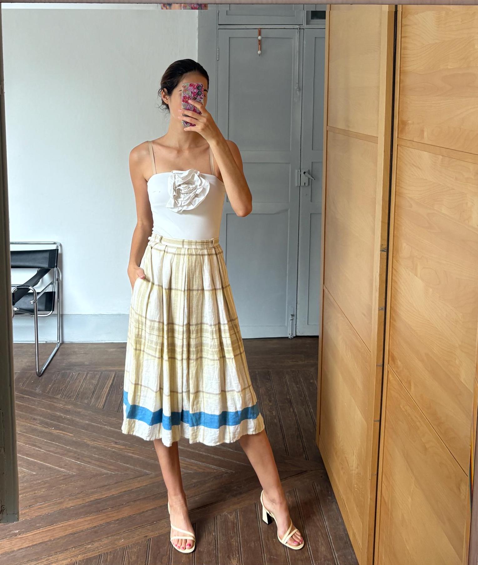 Vintage 100 % linen yellow Italian designer skirt, Cottage core long skirt, Wedding guest pastel outfit, S - M