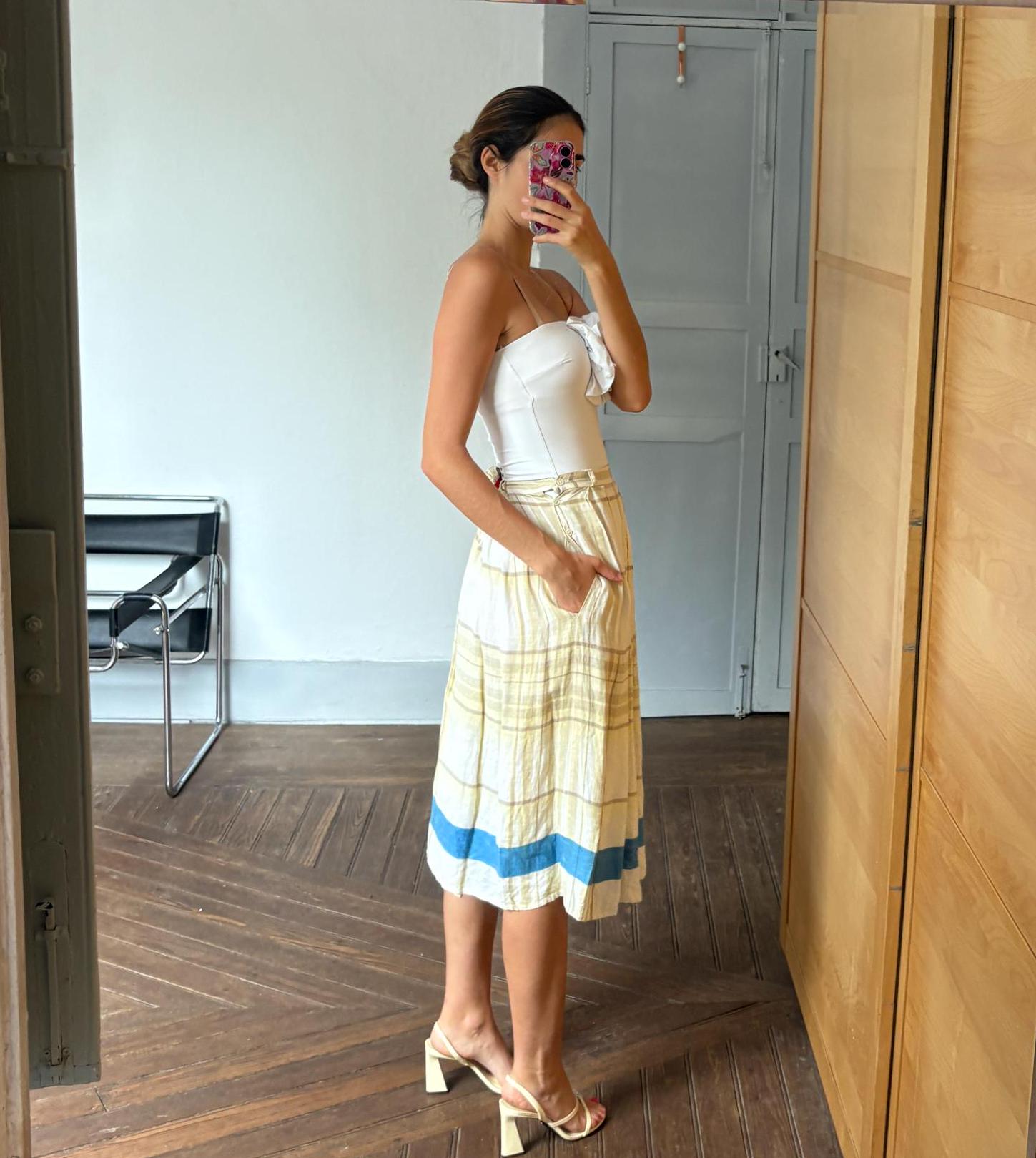 Vintage 100 % linen yellow Italian designer skirt, Cottage core long skirt, Wedding guest pastel outfit, S - M