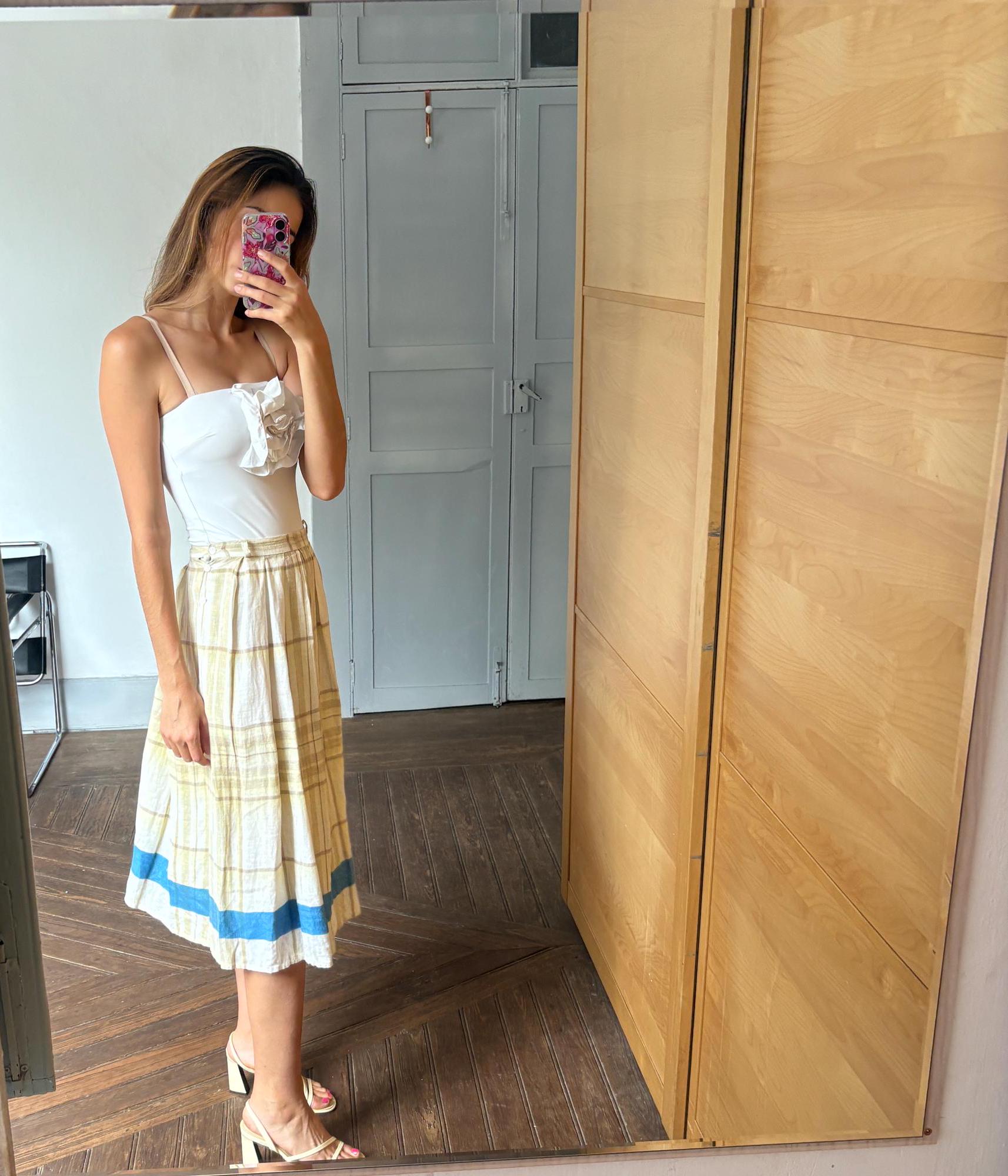 Vintage 100 % linen yellow Italian designer skirt, Cottage core long skirt, Wedding guest pastel outfit, S - M