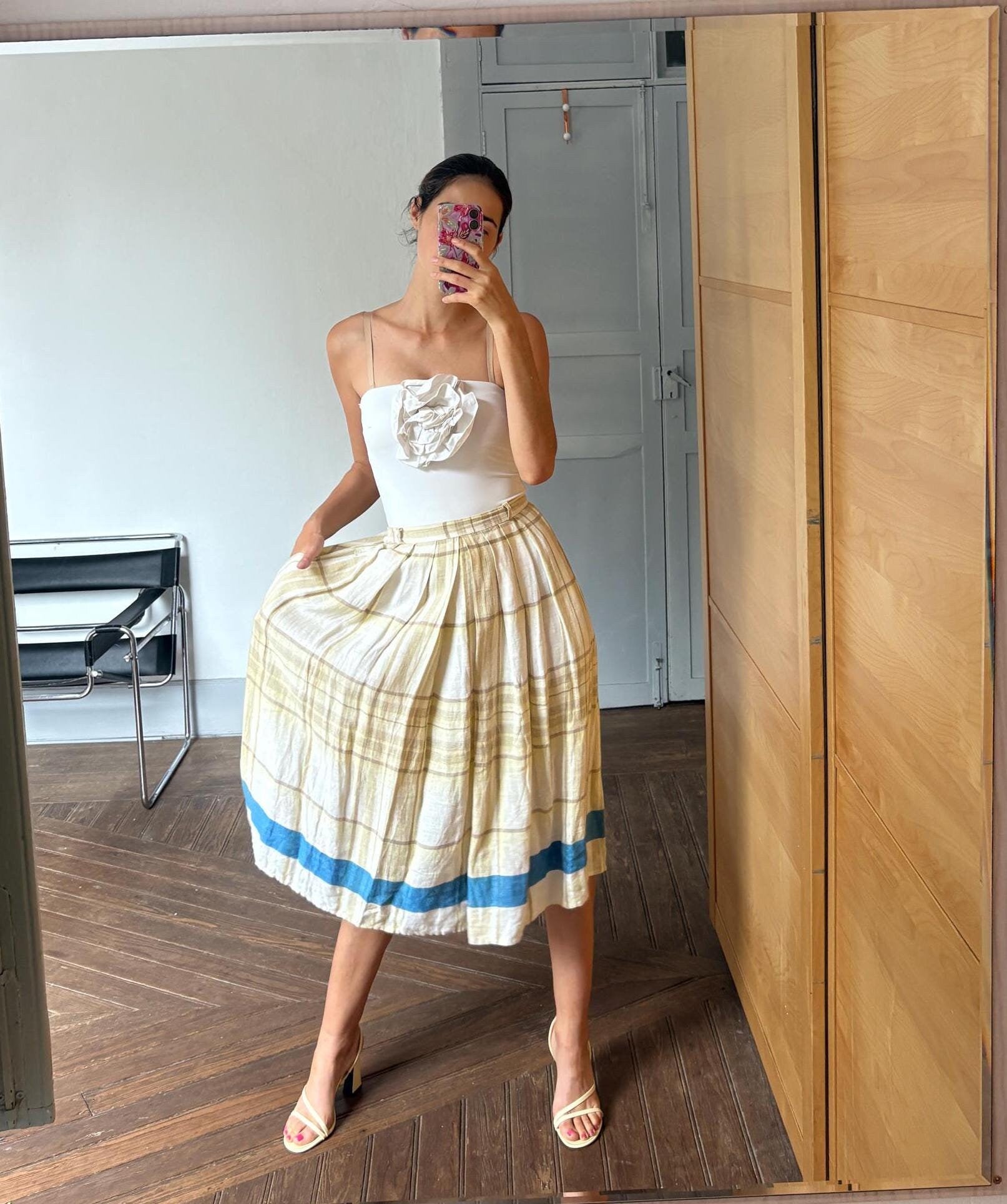 Vintage 100 % linen yellow Italian designer skirt, Cottage core long skirt, Wedding guest pastel outfit, S - M