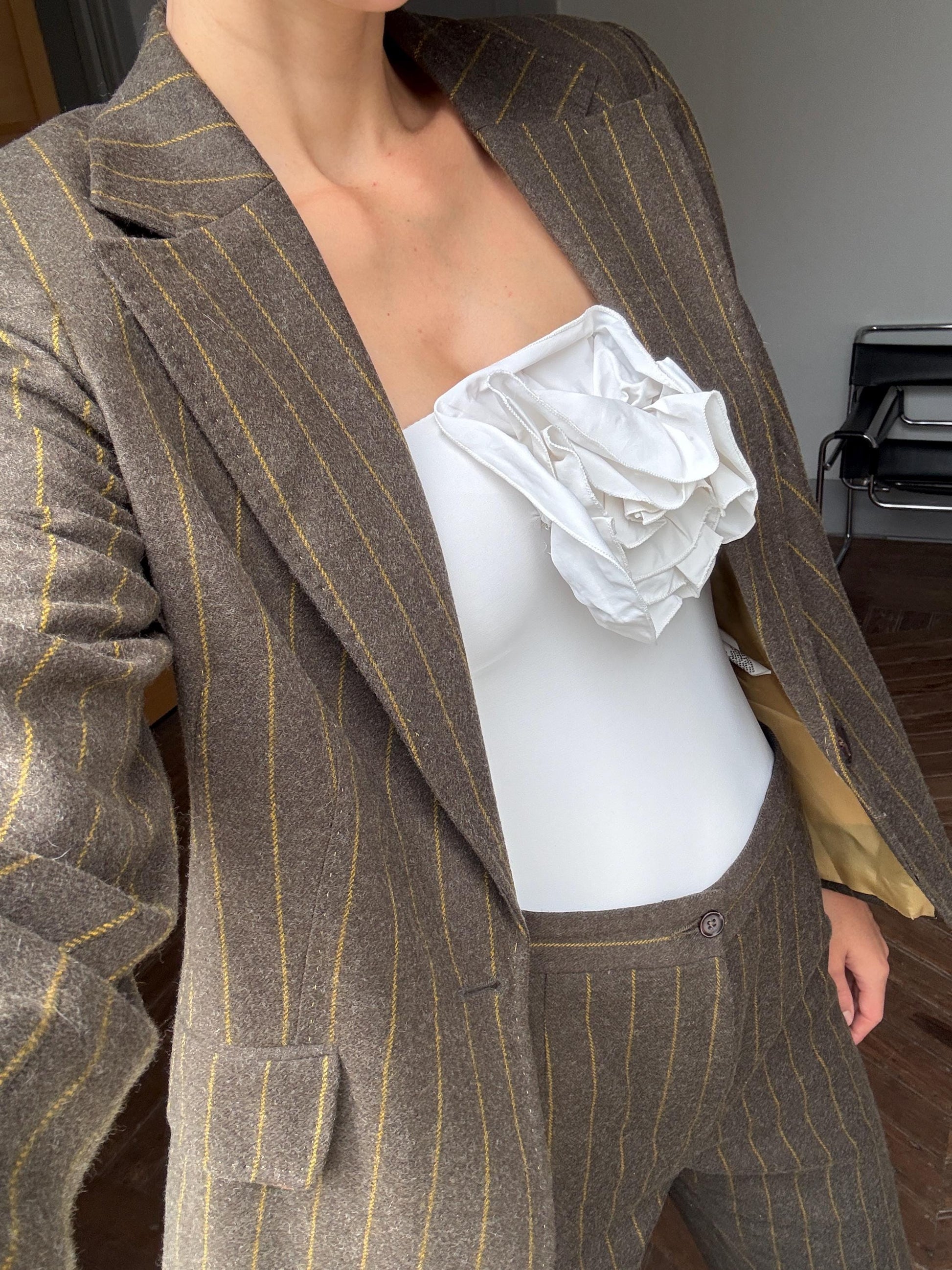 Vintage two piece wool woman suit, Retro wool striped blazer and pants, Dark Academia formal clothing set, XXXL