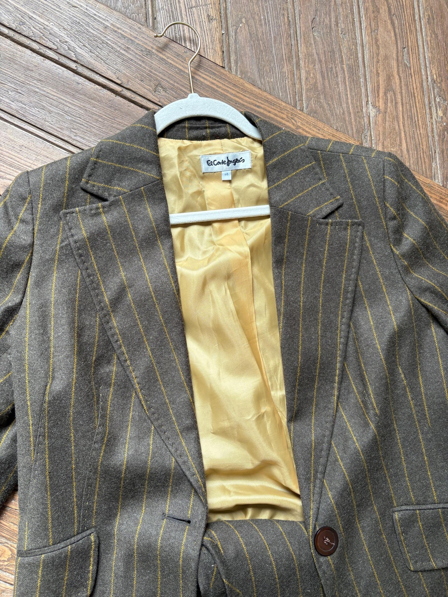 Vintage two piece wool woman suit, Retro wool striped blazer and pants, Dark Academia formal clothing set, XXXL