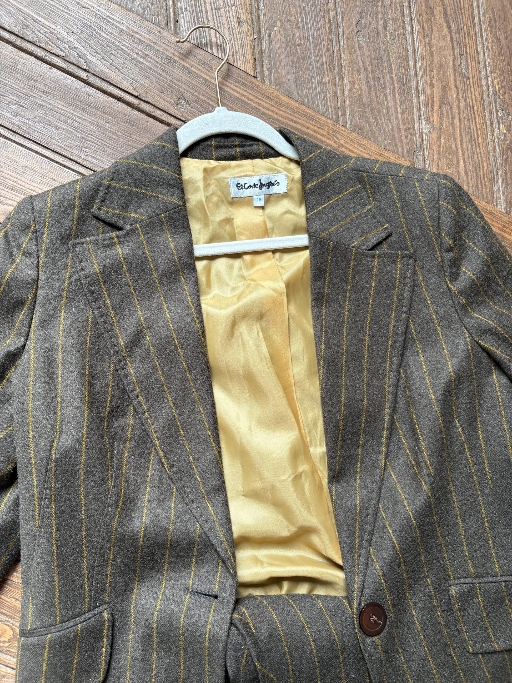 Vintage two piece wool woman suit, Retro wool striped blazer and pants, Dark Academia formal clothing set, XXXL